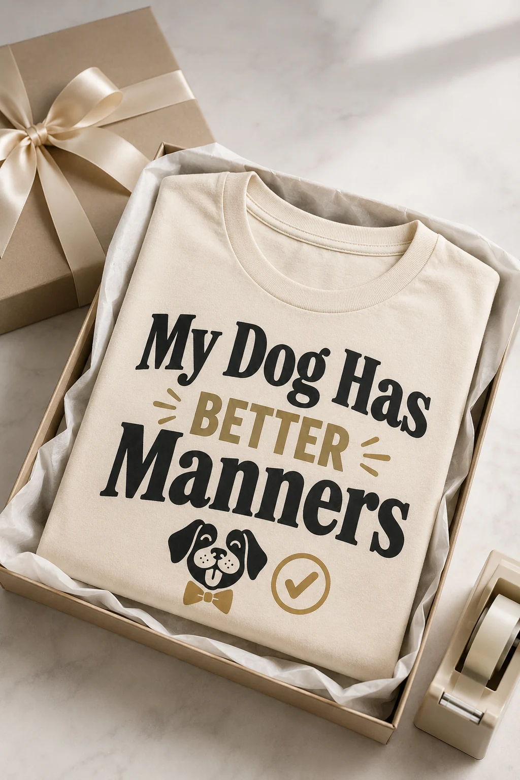 My Dog Has Better Manners T-shirt arranged diagonally in a tabletop gift scene with a plain box, tissue, and neutral tape dispenser