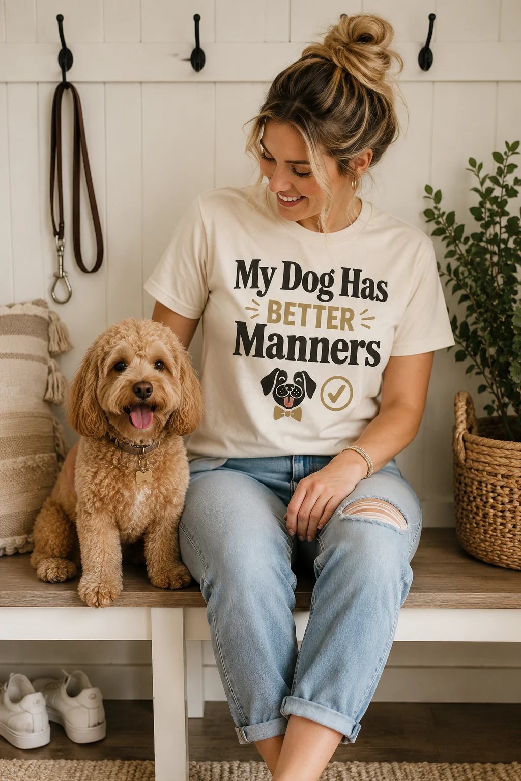 My Dog Has Better Manners T-shirt presented near a bright entryway bench with a leash, neutral shoes, and a small basket