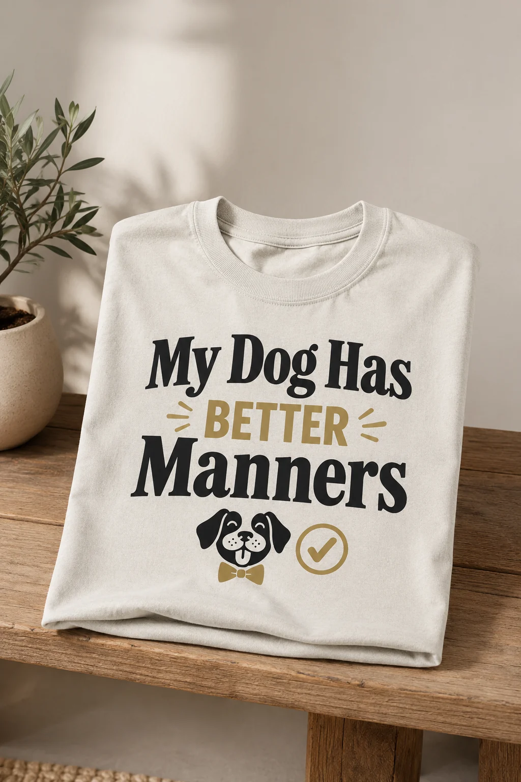 My Dog Has Better Manners T-shirt displayed at eye level against a neutral wall and bench with one small plant