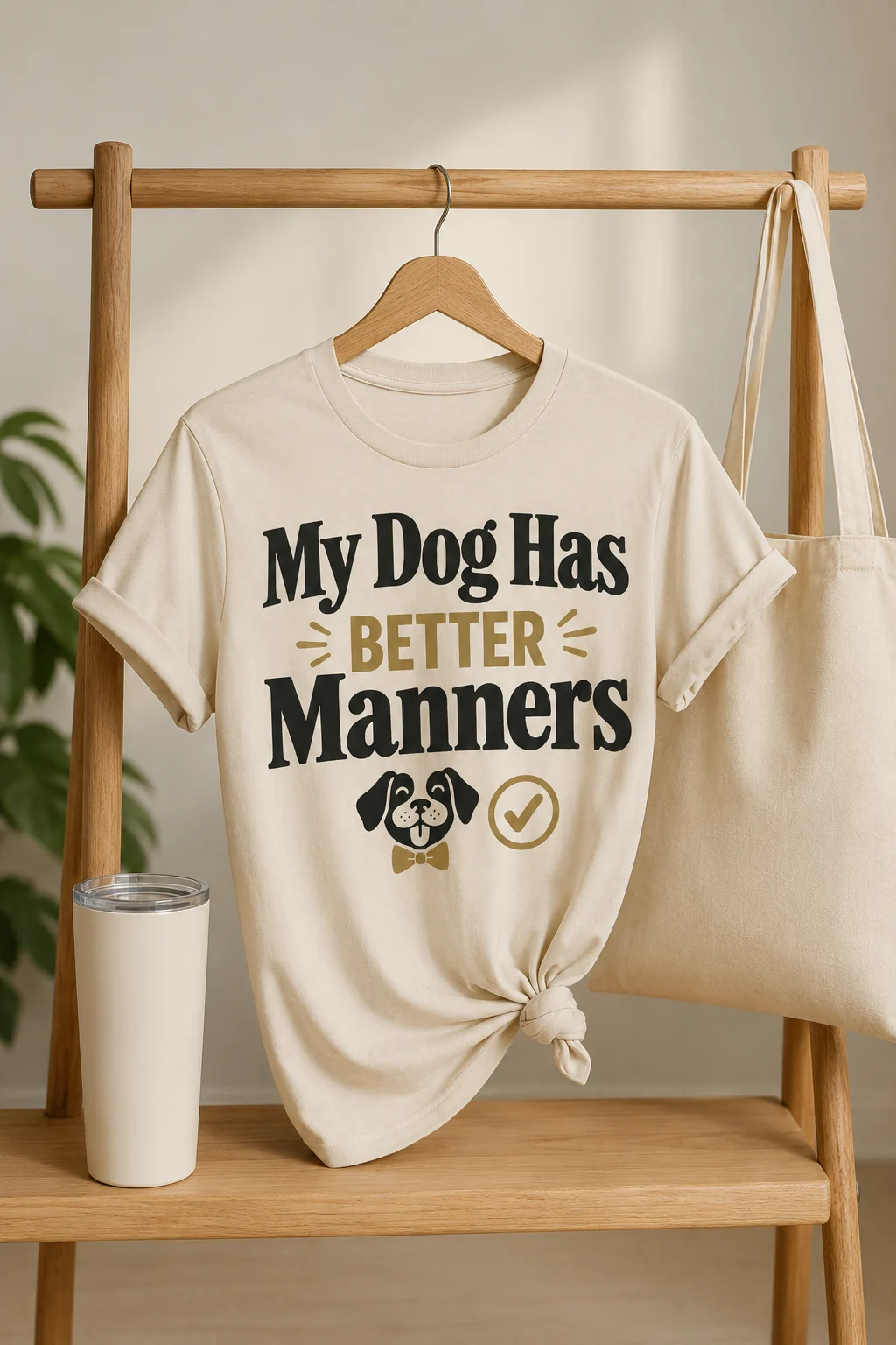 My Dog Has Better Manners T-shirt centered in a minimal capsule collection scene with two blank supporting products