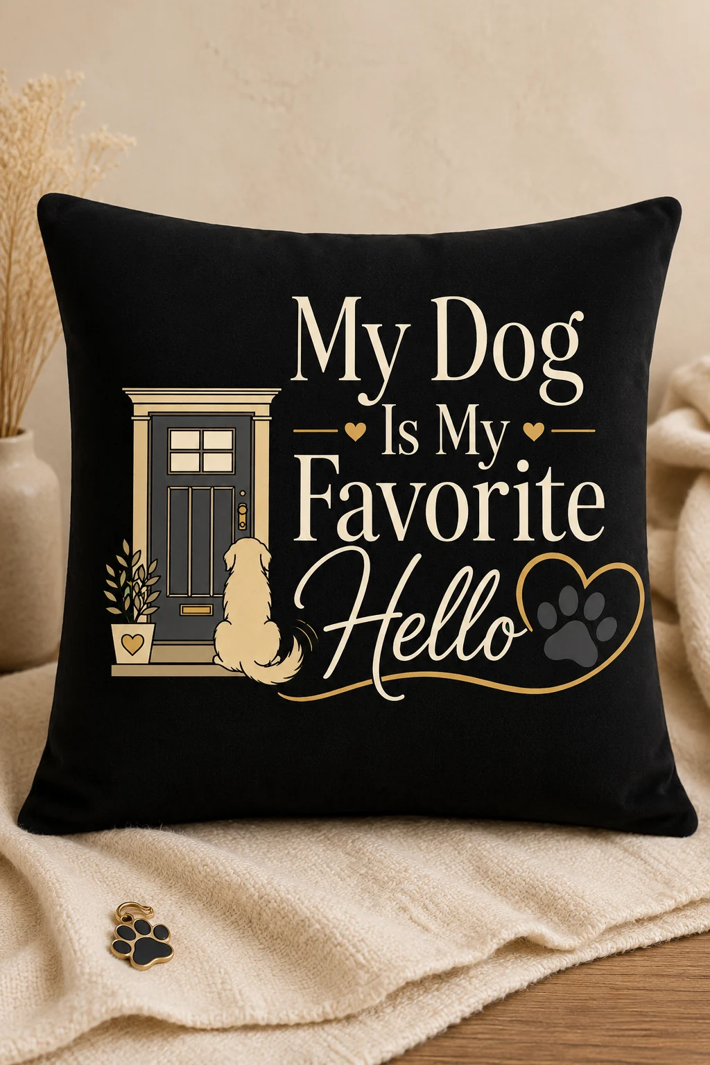 Framed wall art featuring the words My Dog Is My Favorite Hello on a warm neutral studio surface with minimal dog-themed accents