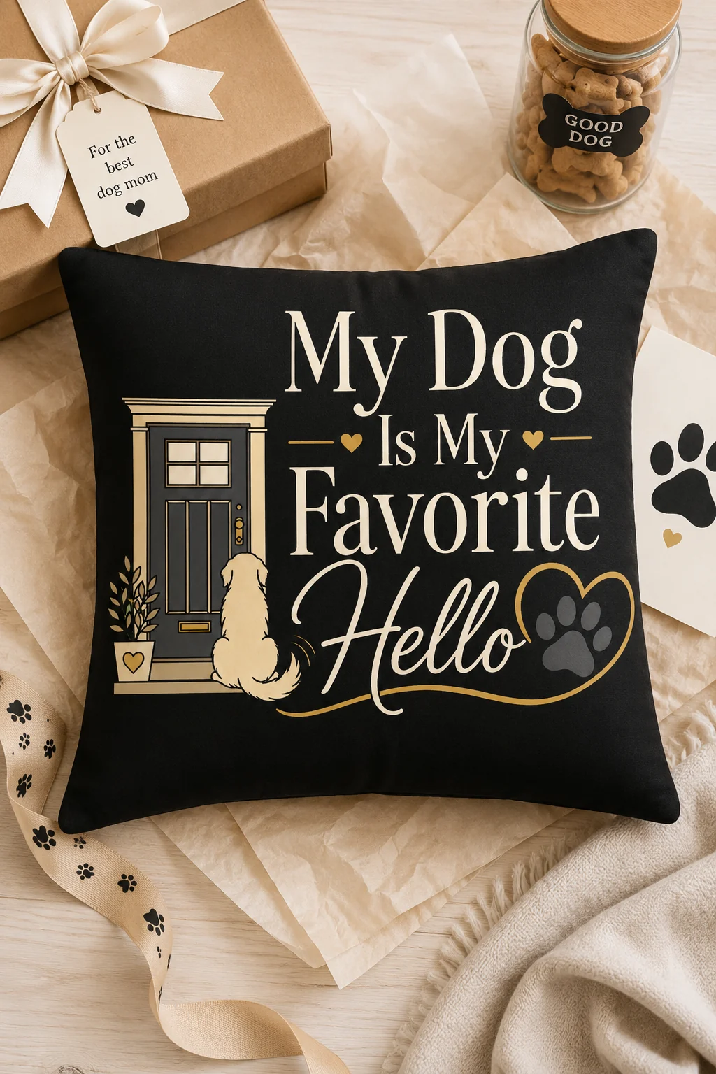 My Dog Is My Favorite Hello wall art arranged with a kraft gift box, ribbon, tissue paper, and dog-themed gift props