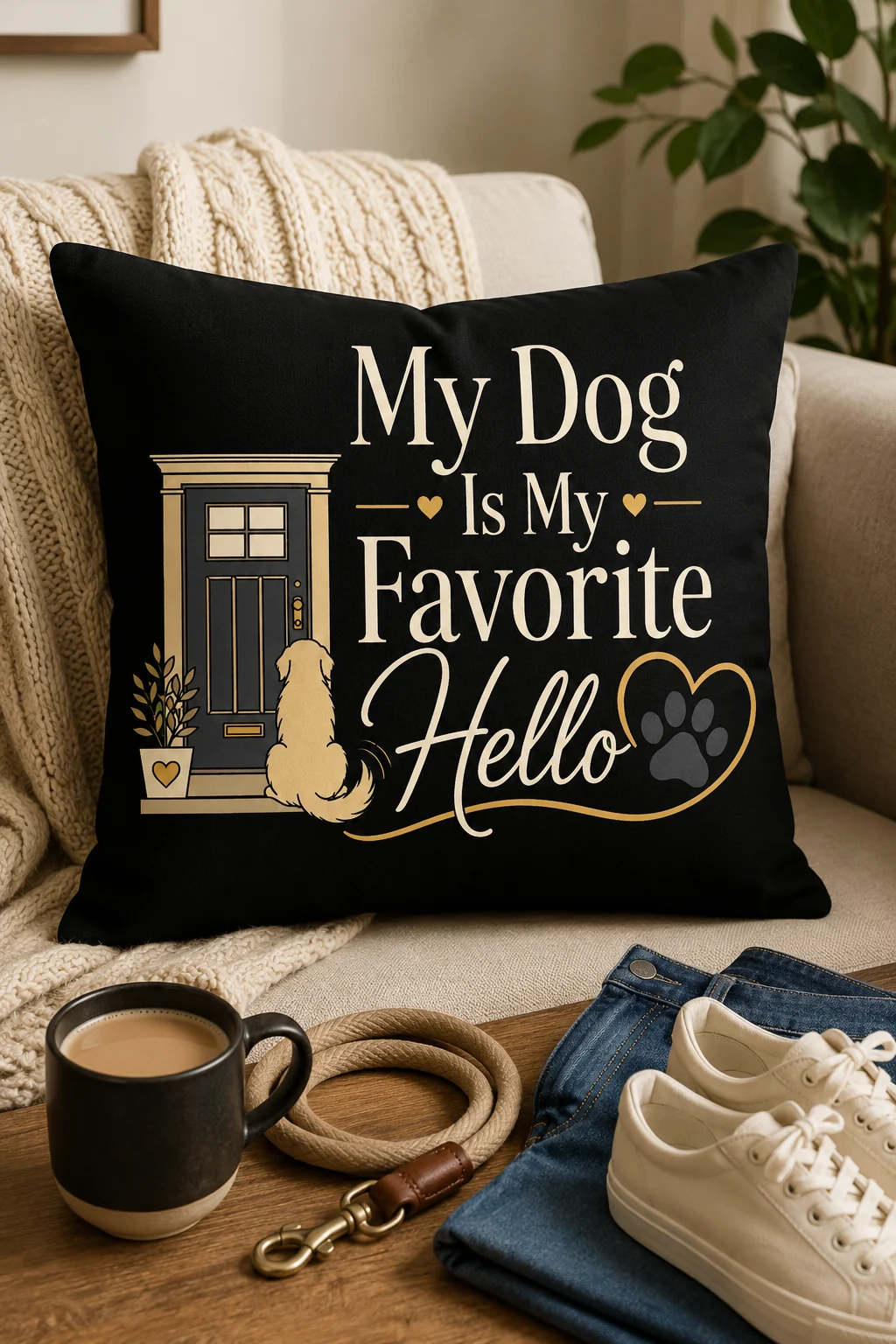 Framed My Dog Is My Favorite Hello print displayed in a cozy home entryway beside a leash, coffee cup, and neutral accessories