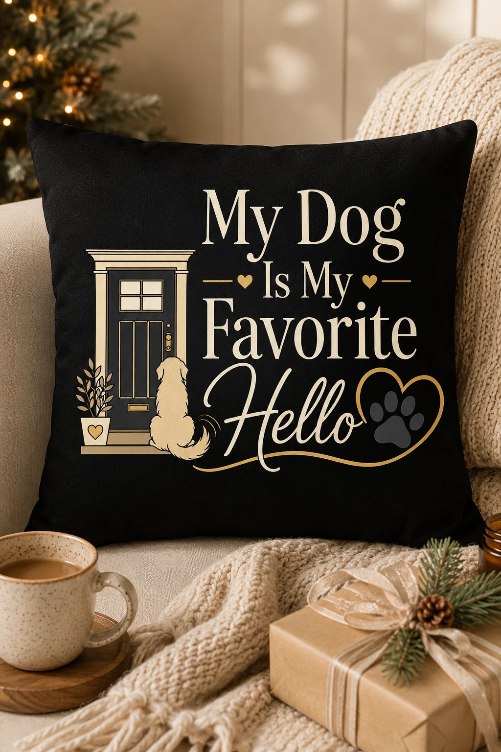 My Dog Is My Favorite Hello wall art in a seasonal setting with greenery, a cozy blanket, wrapped gifts, and a warm mug