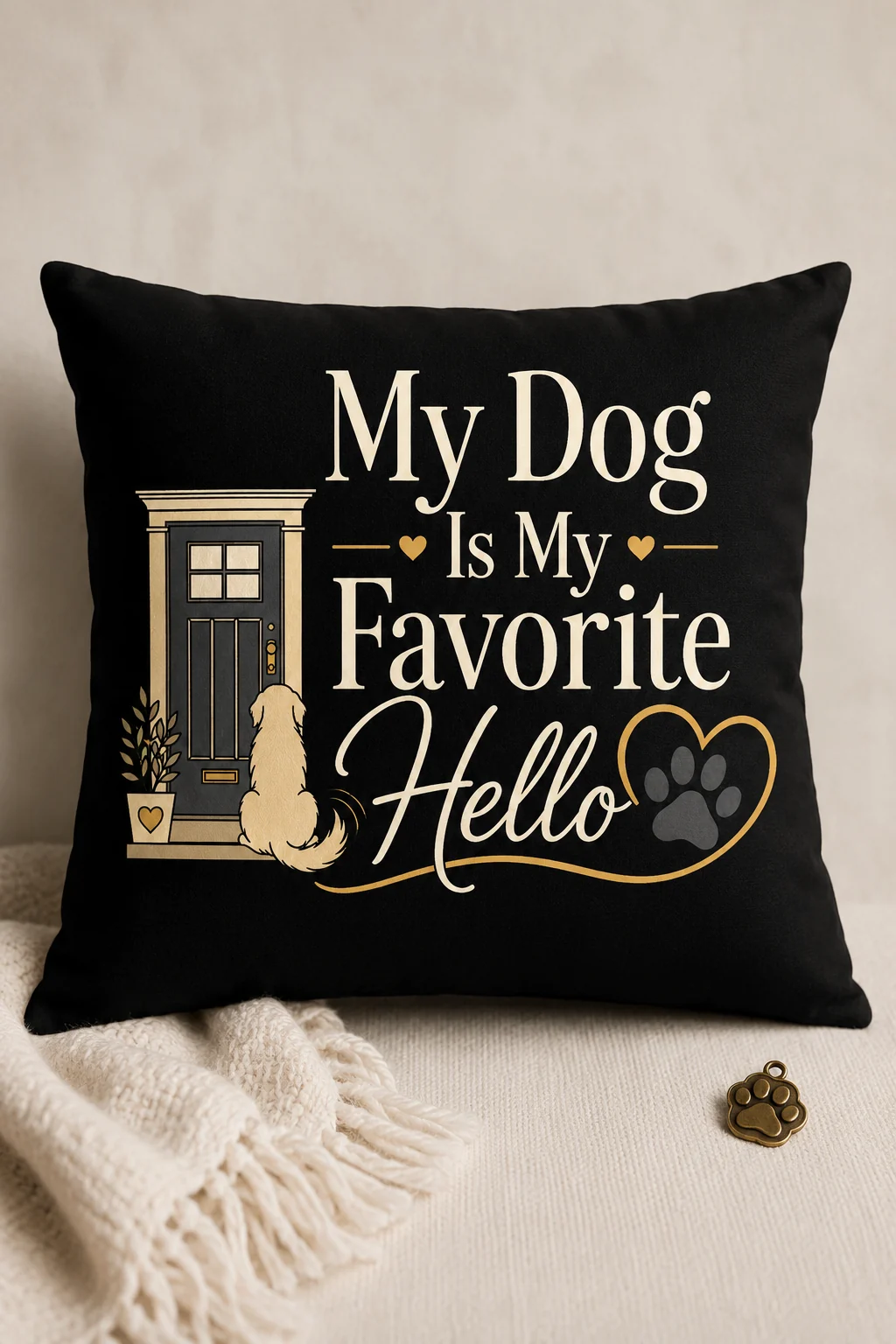 My Dog Is My Favorite Hello wall art centered against a plain neutral background with soft fabric and a subtle paw-print accent