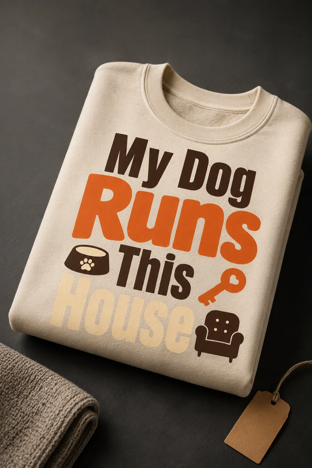 Sweatshirt displaying My Dog Runs This House on a dark matte tabletop with a folded textile and simple tag