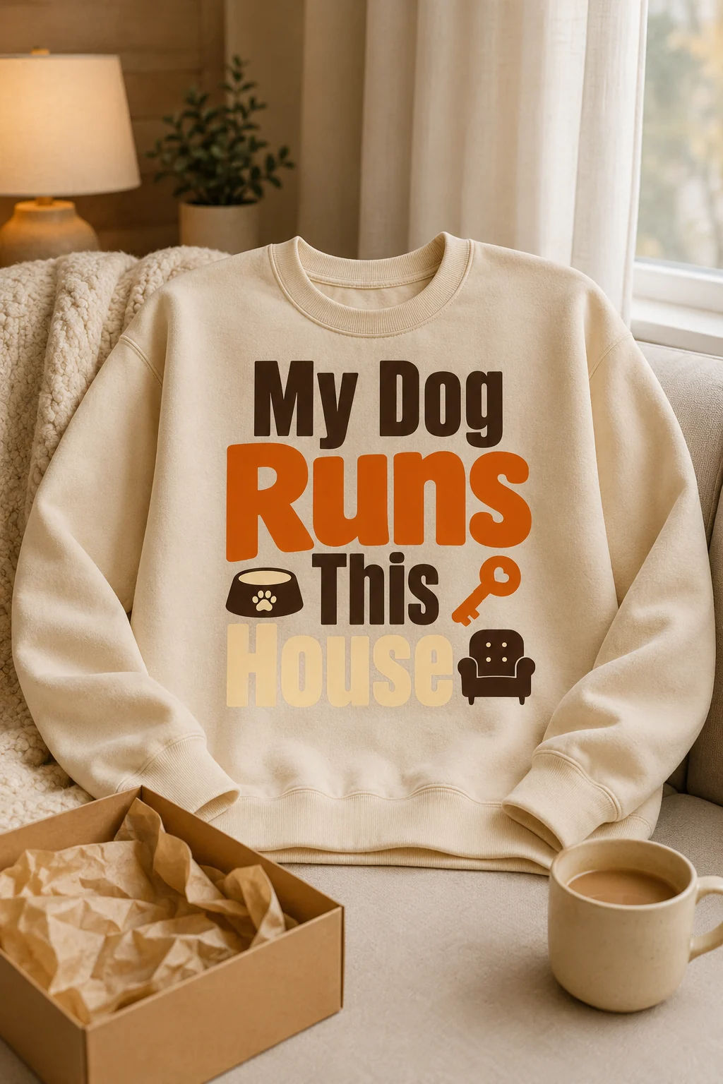 My Dog Runs This House sweatshirt arranged in a cozy gift corner with an unbranded box, folded tissue, and plain mug
