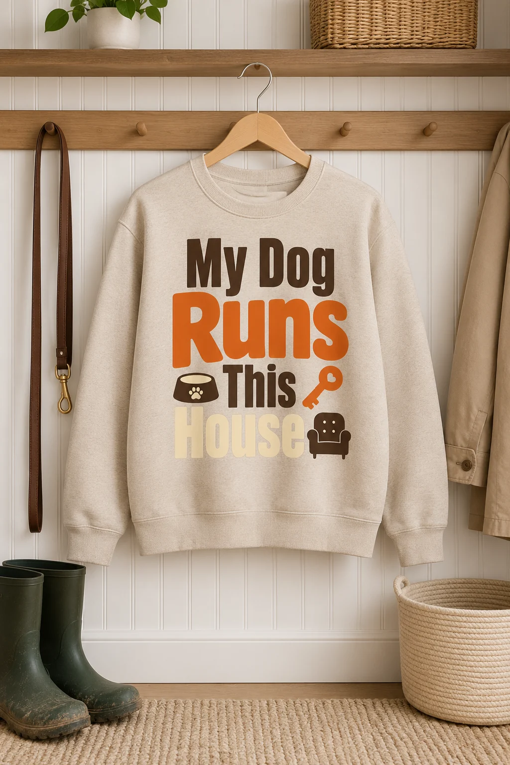 My Dog Runs This House sweatshirt displayed in a clean mudroom with boots, a leash, and a plain storage basket