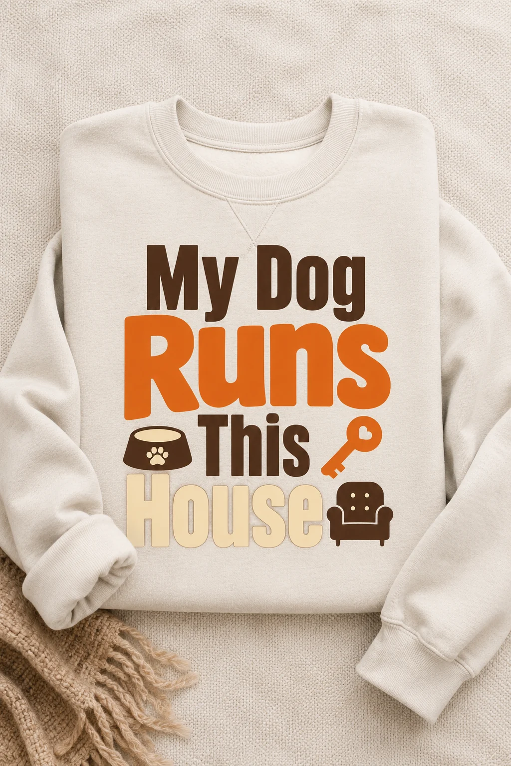 My Dog Runs This House sweatshirt photographed from above on a neutral textile backdrop with one folded fabric accent