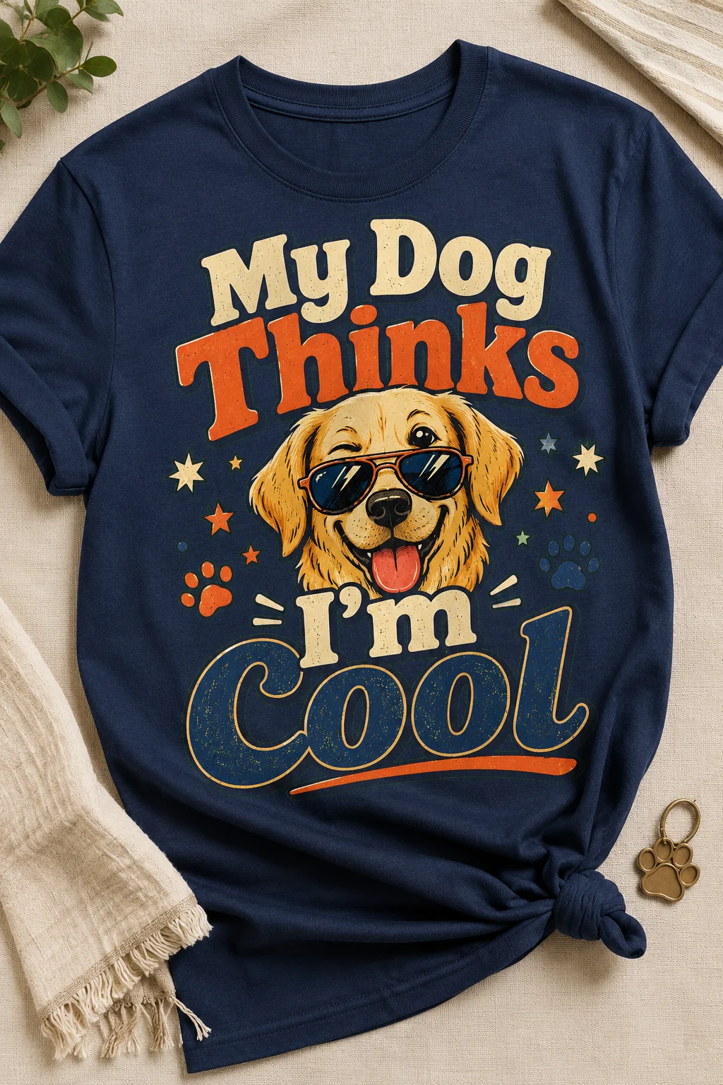 Navy crewneck T-shirt laid on a beige textured surface with the My Dog Thinks I’m Cool design, leafy greenery, cream fabric, and a small paw-shaped keychain