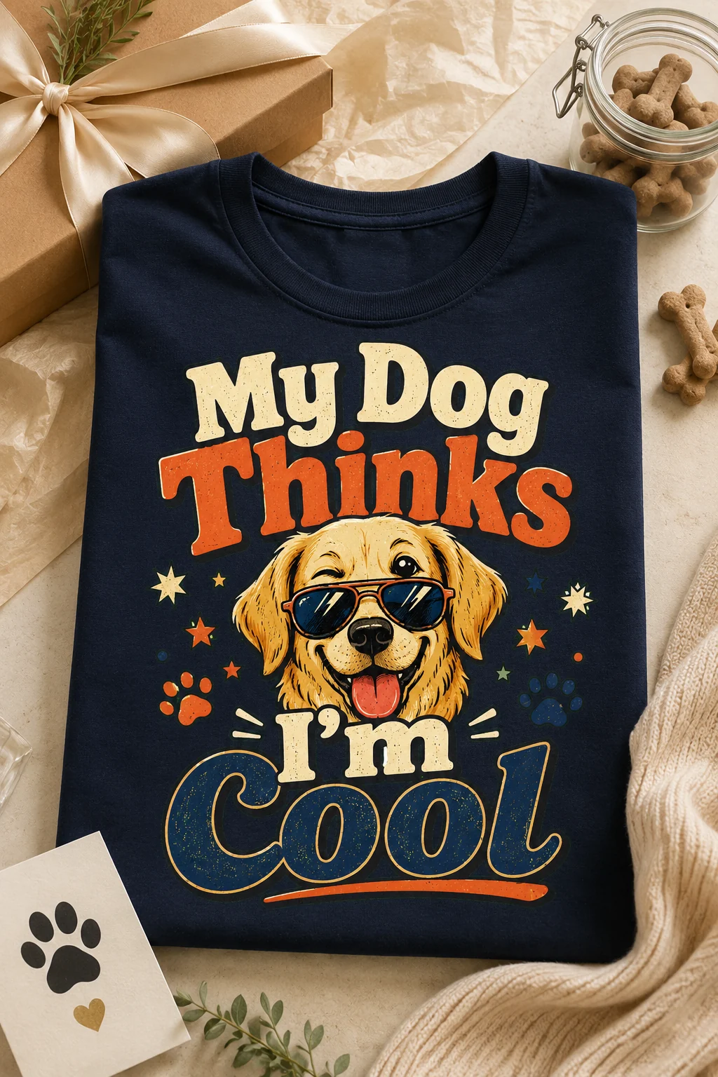 Folded navy graphic T-shirt arranged with a kraft gift box, cream ribbon, dog biscuit jar, loose bone treats, greenery, and a paw-print card