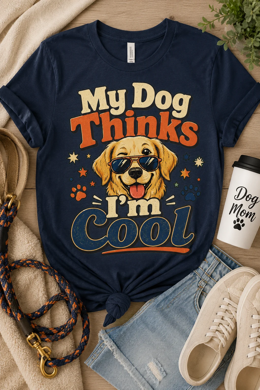 Navy dog mom T-shirt styled with a patterned leash, light denim shorts, cream sneakers, a fleece layer, greenery, and a Dog Mom takeaway cup