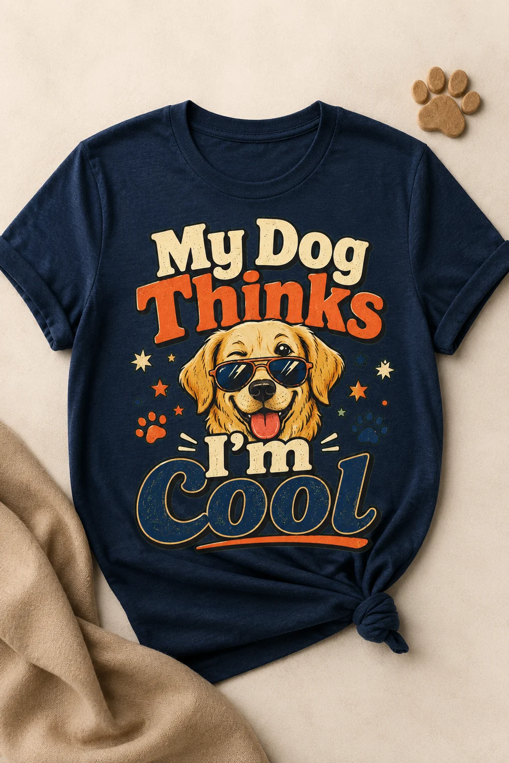 Navy T-shirt laid on a warm cream background with a knotted hem, beige draped fabric, and a small tan paw-shaped accent near the upper right