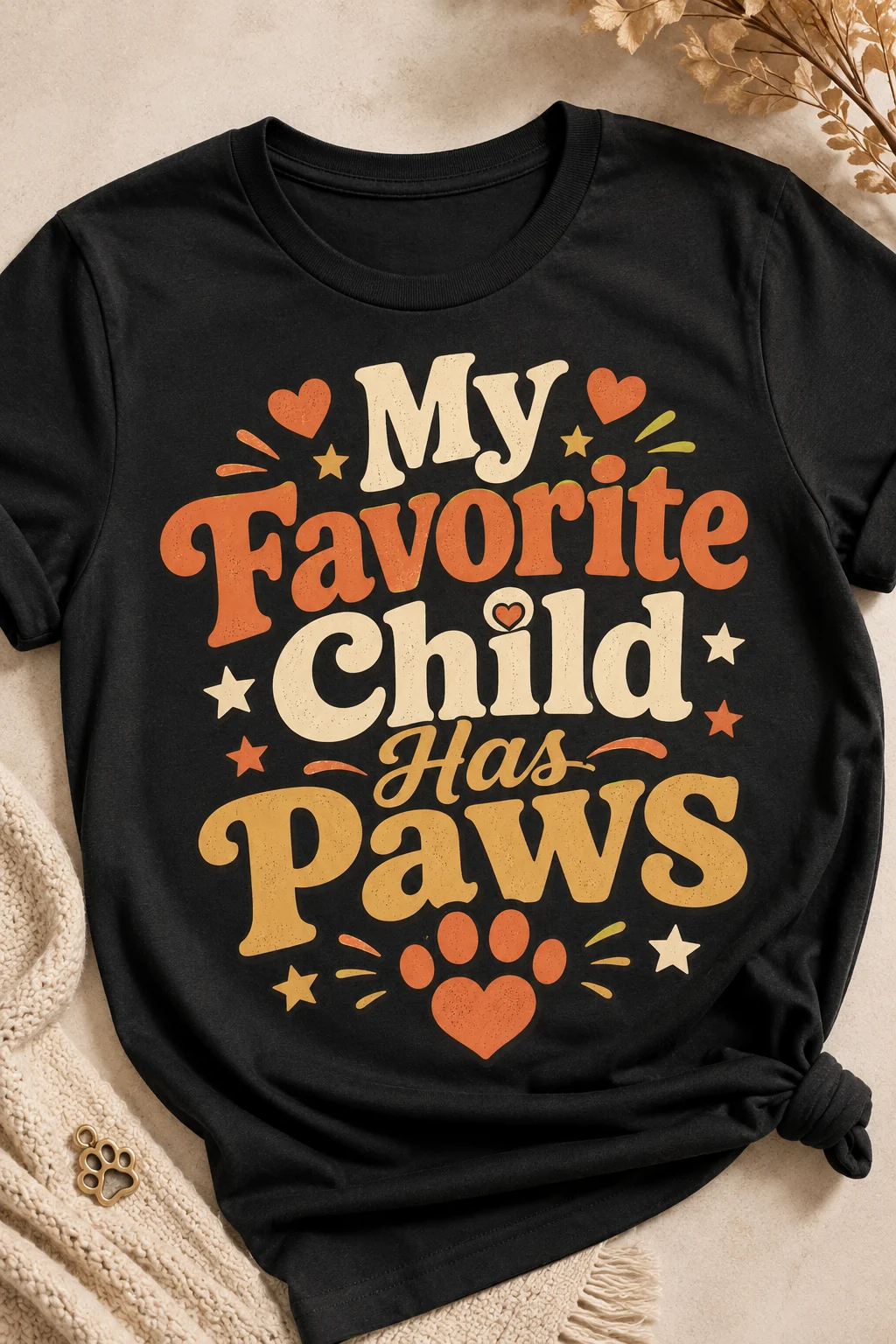 Close-up of a T-shirt displaying the centered My Favorite Child Has Paws design with small paw-themed accents on a warm neutral studio surface
