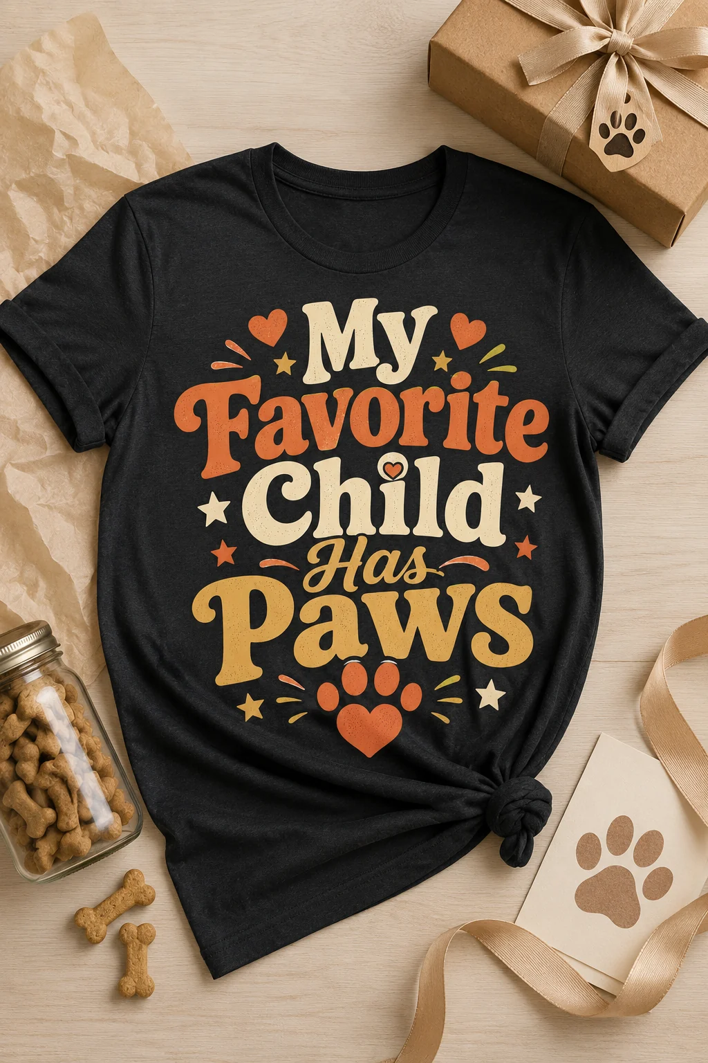 My Favorite Child Has Paws T-shirt arranged as a gift with a kraft box, ribbon, neutral tissue paper, dog treat jar, and paw-print card