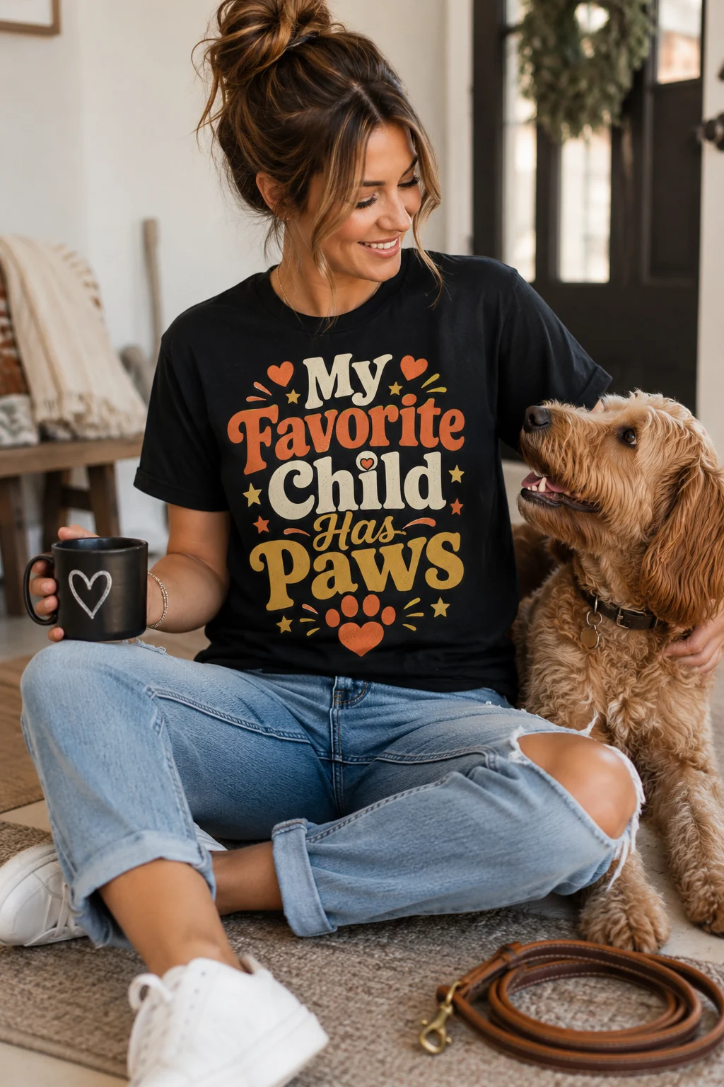 My Favorite Child Has Paws T-shirt in a casual dog mom setting with a coiled leash, coffee cup, neutral sneakers, and denim