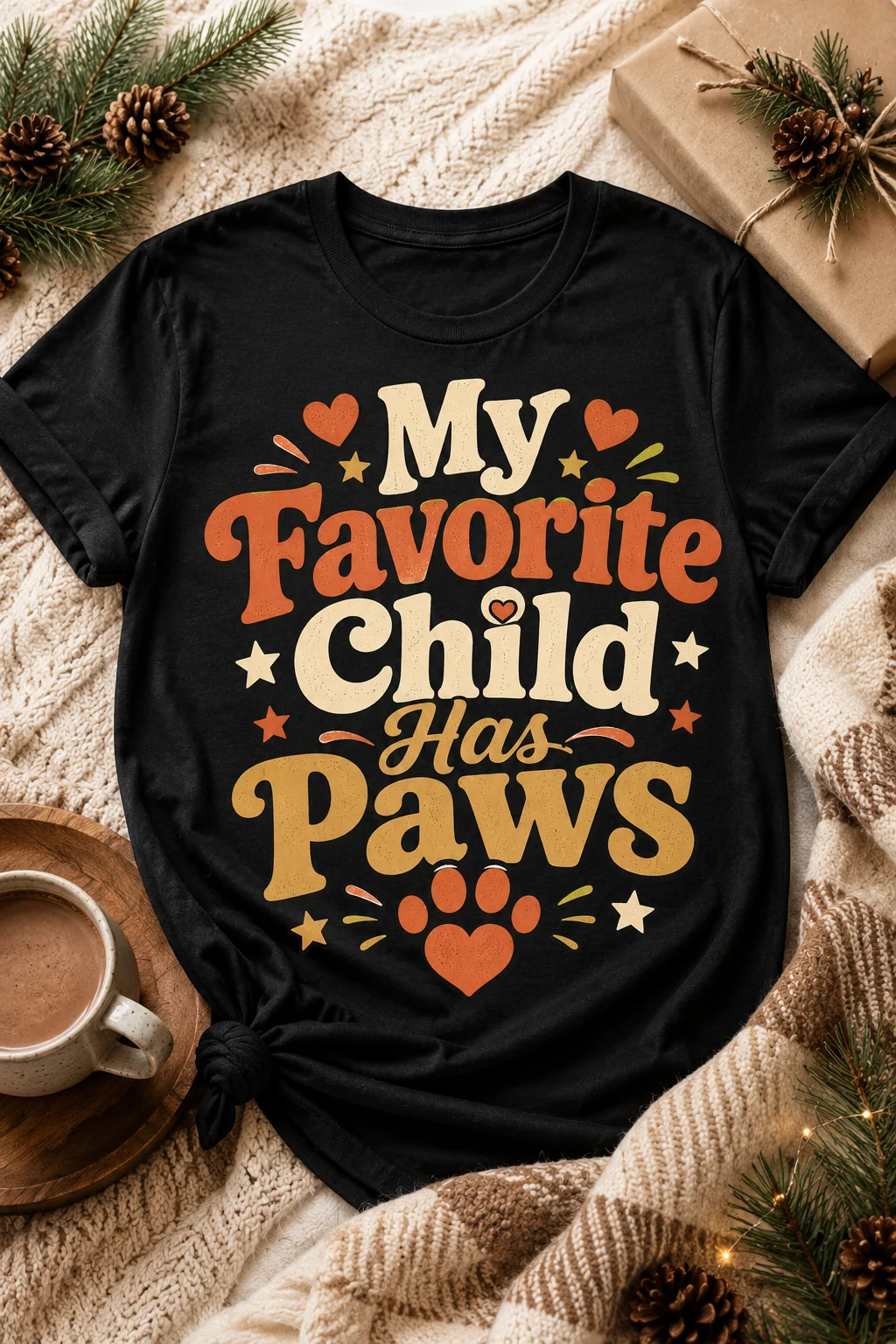 My Favorite Child Has Paws T-shirt presented in a cozy seasonal gift scene with greenery, a blanket, wrapping details, and a warm mug