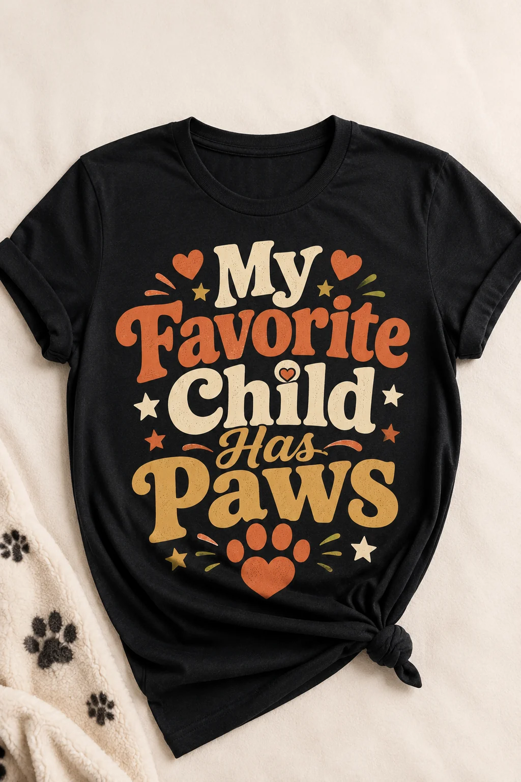 My Favorite Child Has Paws T-shirt on a plain neutral background with soft fabric texture, a subtle paw-print prop, and open negative space