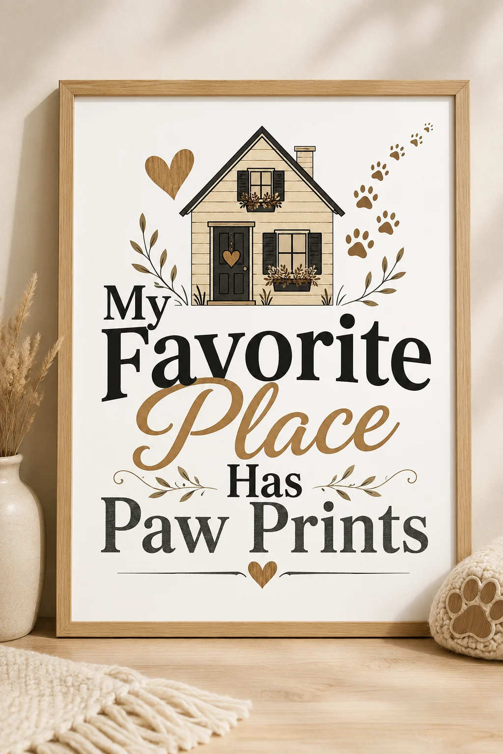 Framed My Favorite Place Has Paw Prints poster in a light wood frame on a neutral shelf with a ceramic vase, cream throw, and paw-shaped cushion