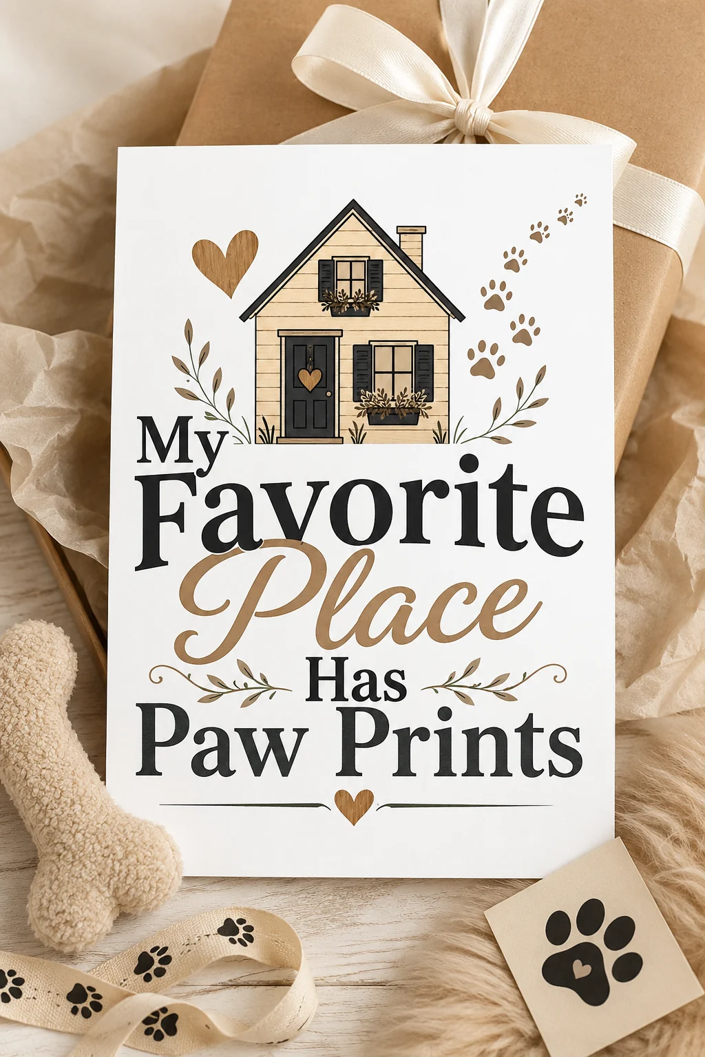 Unframed dog mom poster arranged with a kraft gift box, cream ribbon, plush dog bone, paw-print ribbon, and paw card