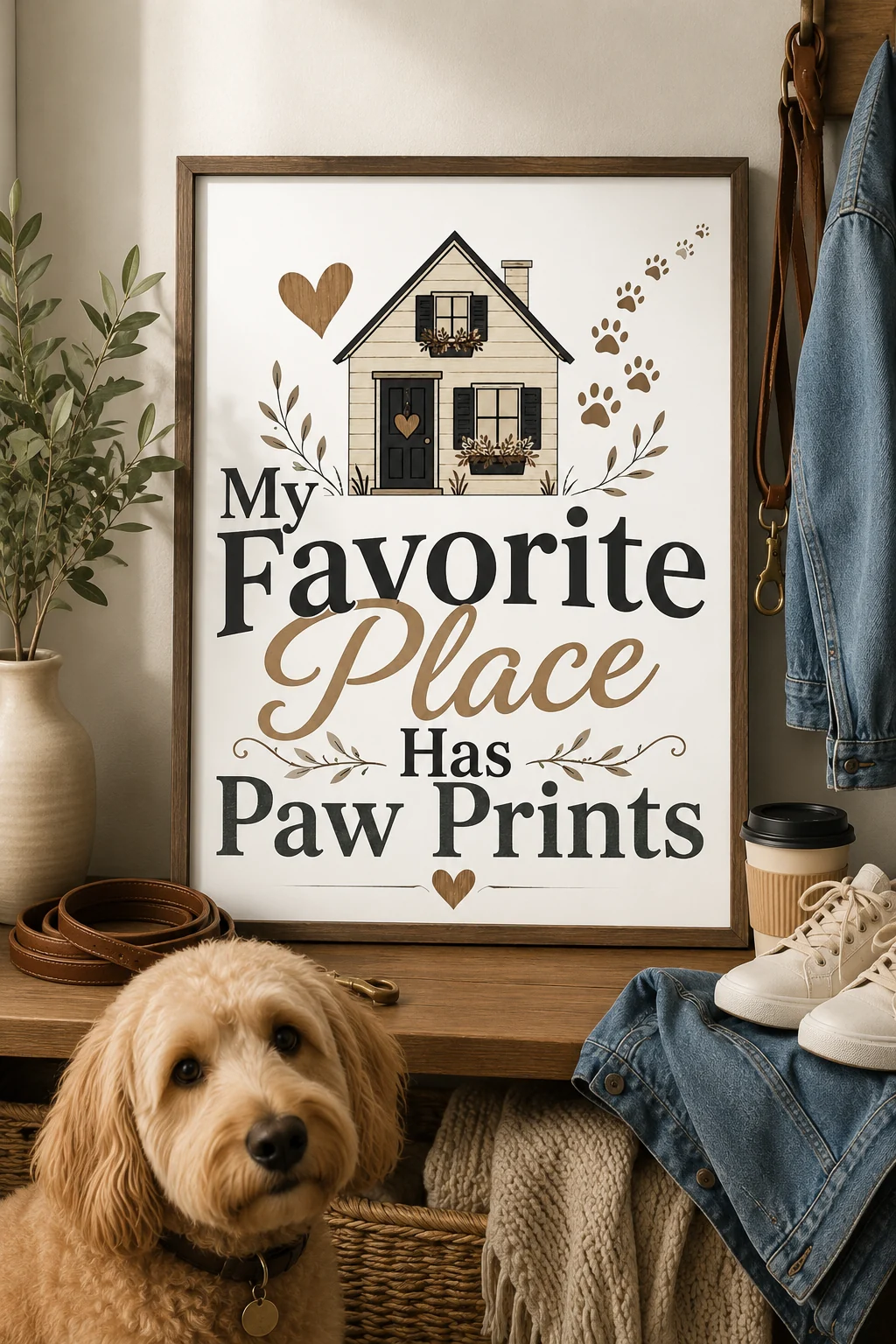 Dark wood framed paw print poster in an entryway with a curly-coated dog, denim jacket, leash, sneakers, and coffee cup