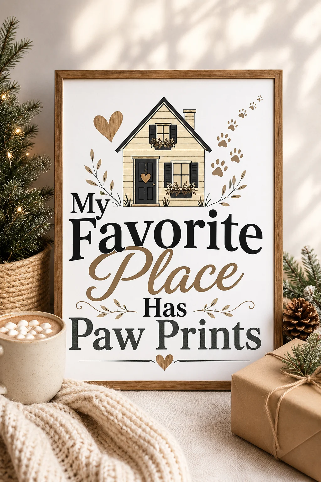 Framed dog mom poster in a winter scene with a lit evergreen tree, hot cocoa, knitted blanket, pine cones, and wrapped gift
