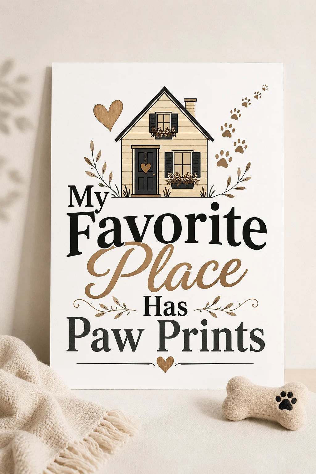 Unframed My Favorite Place Has Paw Prints poster on a neutral surface with a cream throw and plush paw-print dog bone