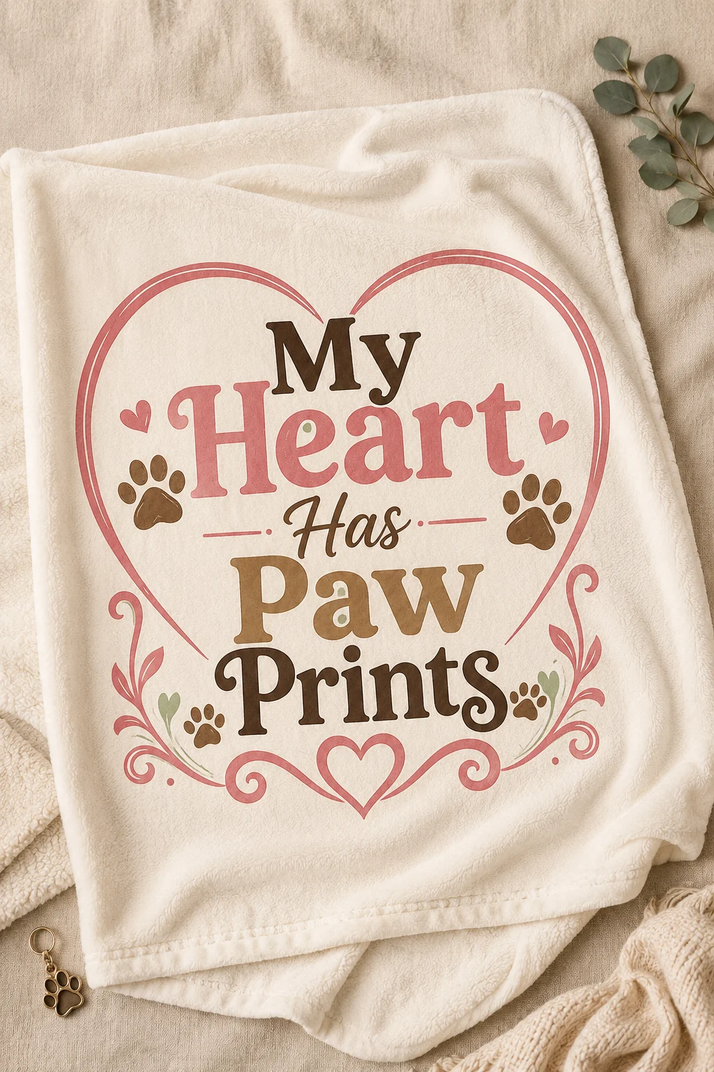 Close-up blanket mockup featuring the centered My Heart Has Paw Prints design with a heart outline, paw prints, and soft neutral styling