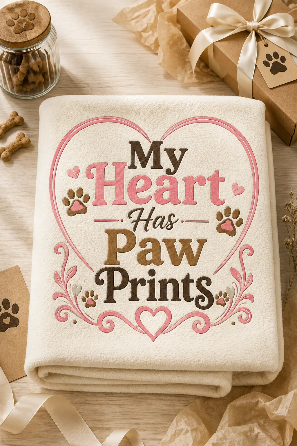 Gift flat lay with the dog mom blanket, kraft-style wrapping, ribbon, tissue paper, a paw-print card, and dog-themed props