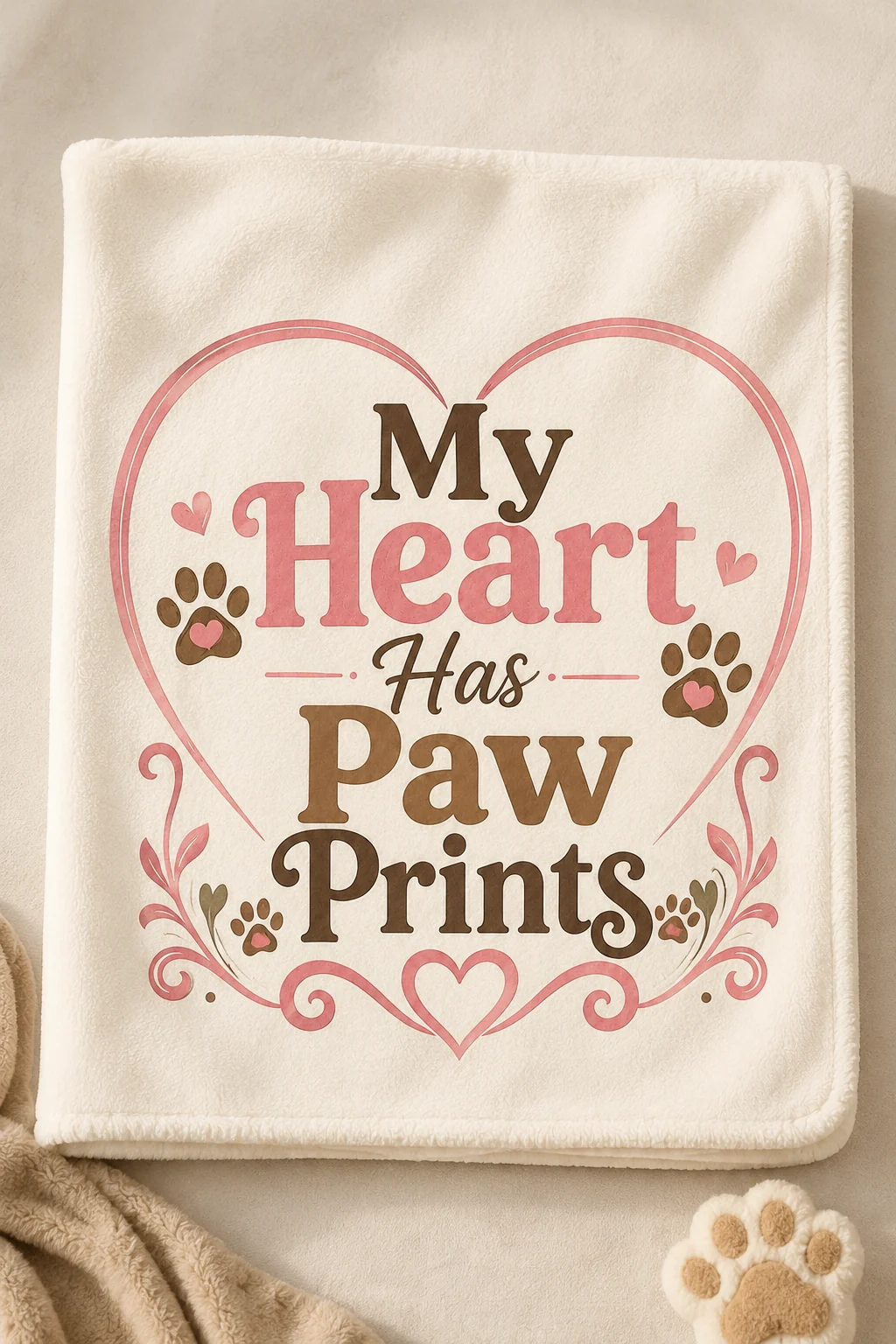 Front-facing blanket mockup on a plain neutral background with the My Heart Has Paw Prints quote as the main focus