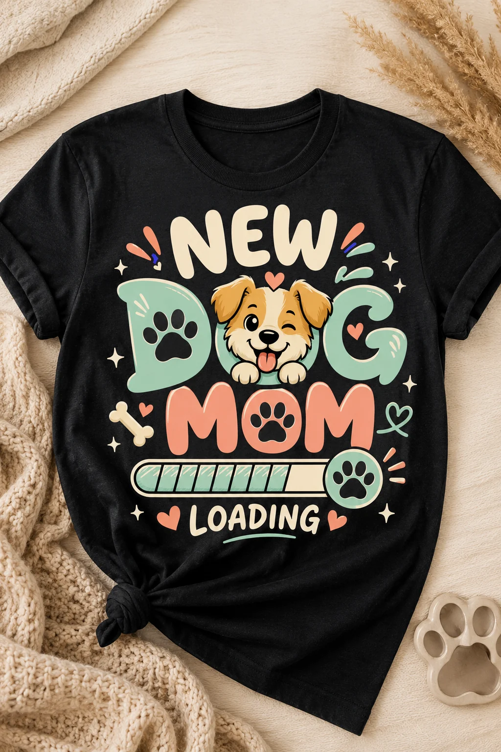 Black New Dog Mom Loading T-shirt laid on cream bedding beside a knit blanket, dried grasses, and a paw-shaped dish