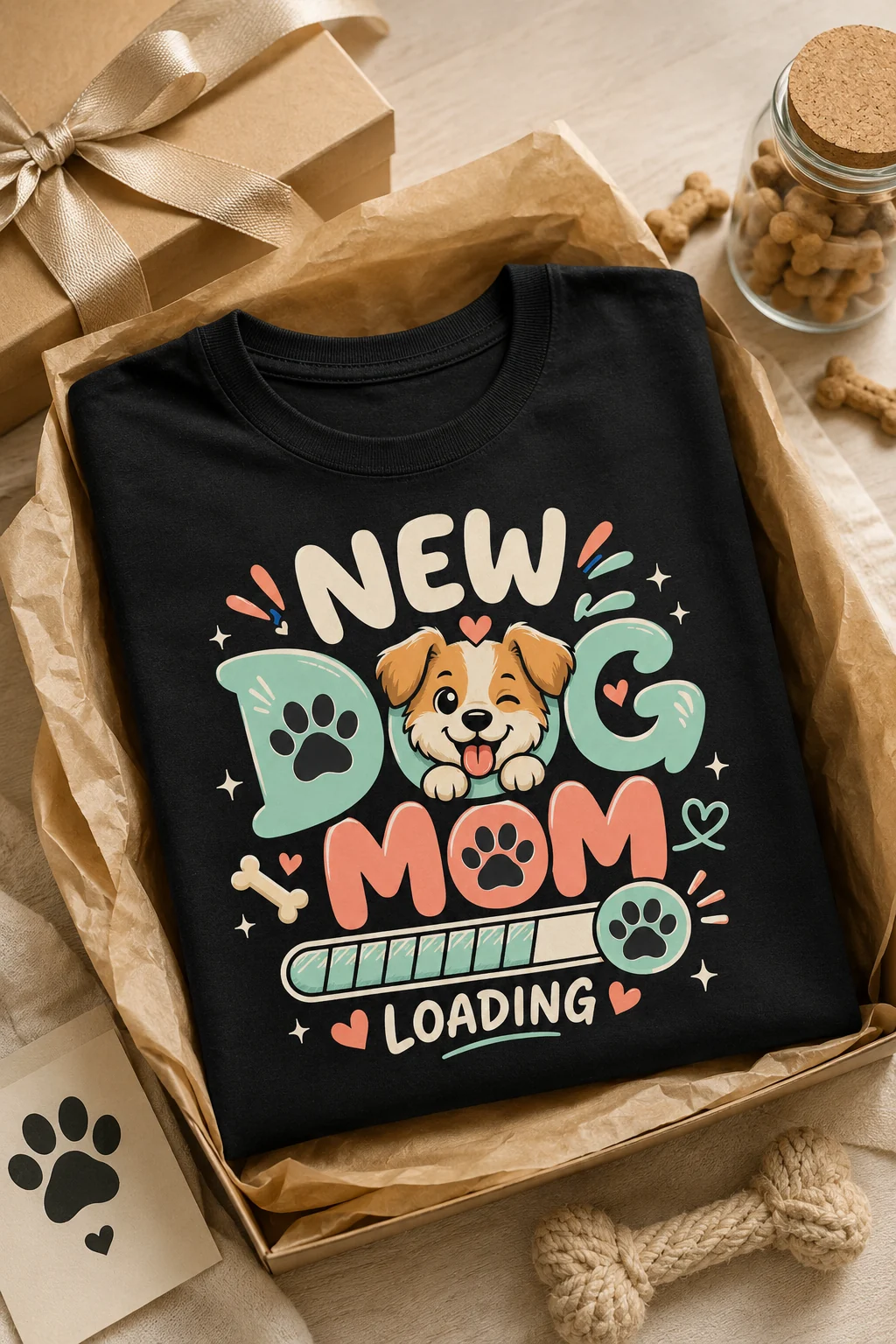 Folded black New Dog Mom Loading T-shirt inside a kraft gift box with ribbon, tissue paper, dog treats, a rope toy, and a paw-print card