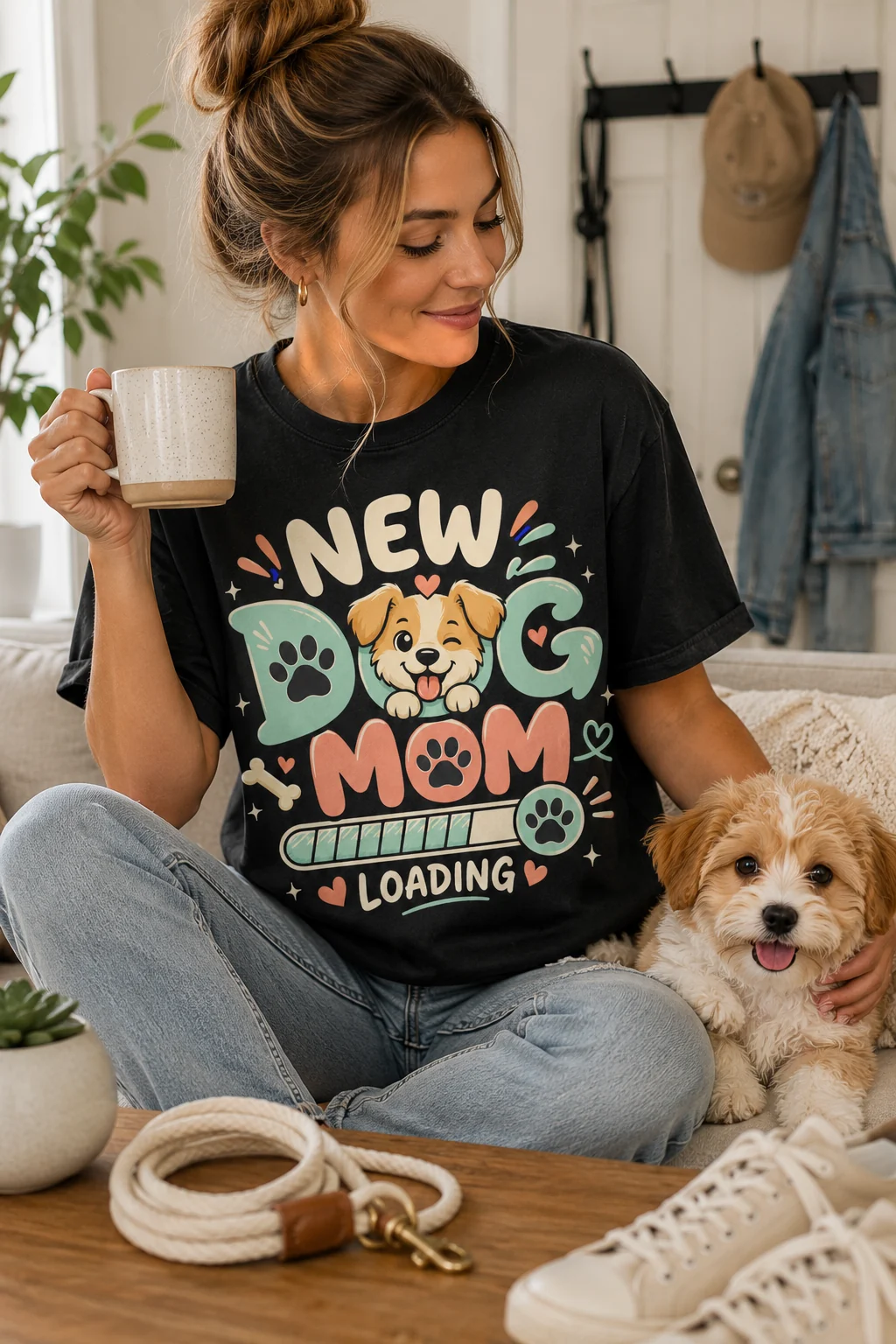 Woman wearing the black New Dog Mom Loading T-shirt while holding a speckled mug and sitting beside a small tan-and-white puppy