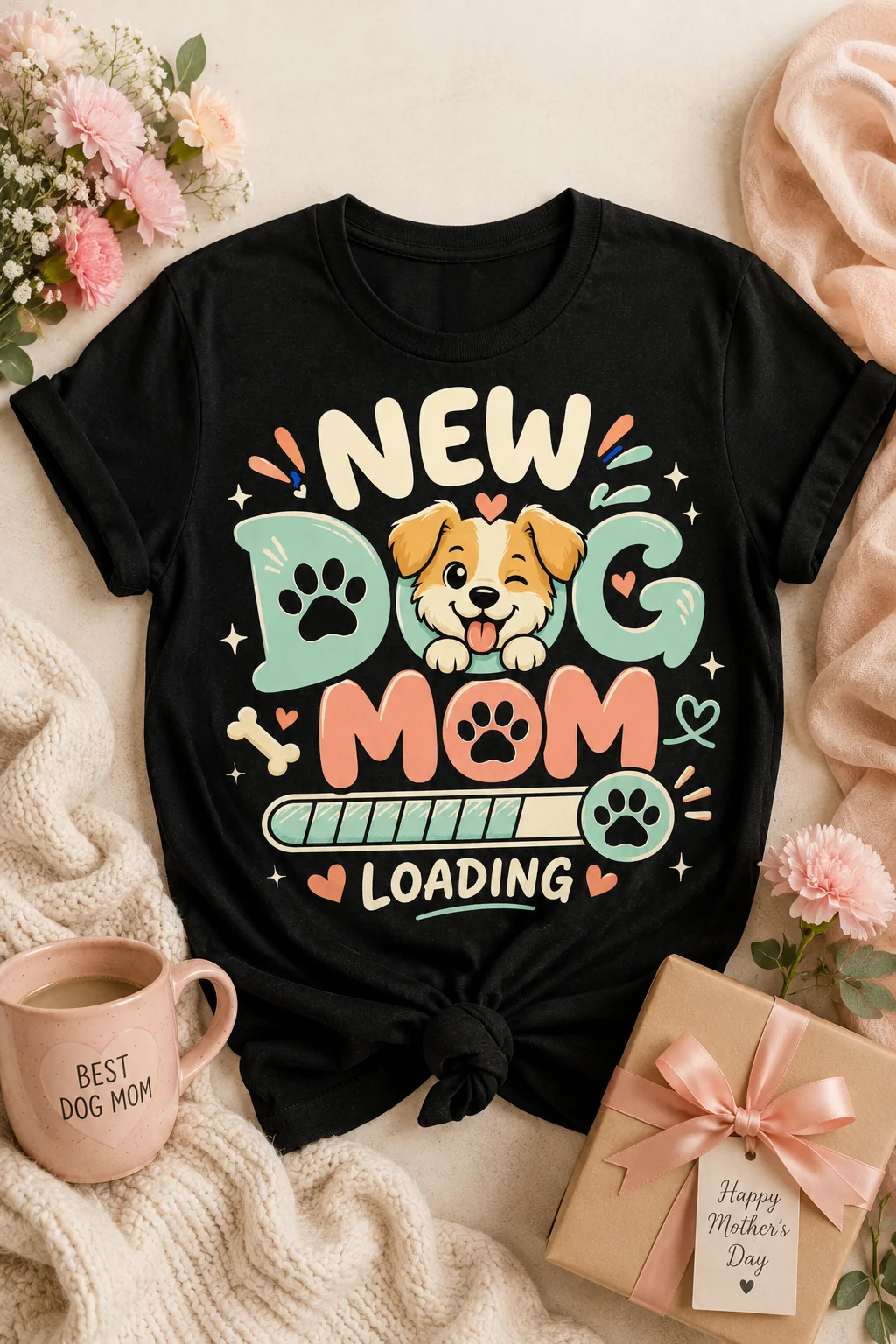 Black New Dog Mom Loading T-shirt in a Mother’s Day flat lay with pink flowers, a dog mom mug, a cream blanket, and a wrapped gift