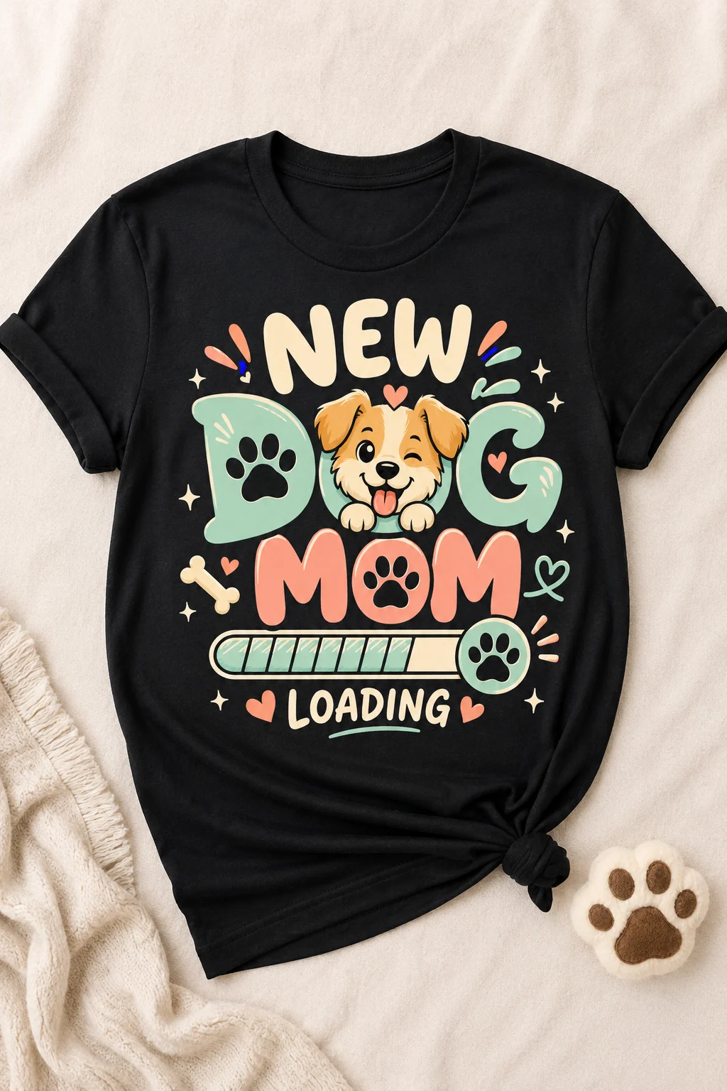 Black New Dog Mom Loading T-shirt arranged on a pale neutral surface with a cream throw and a plush paw-print toy