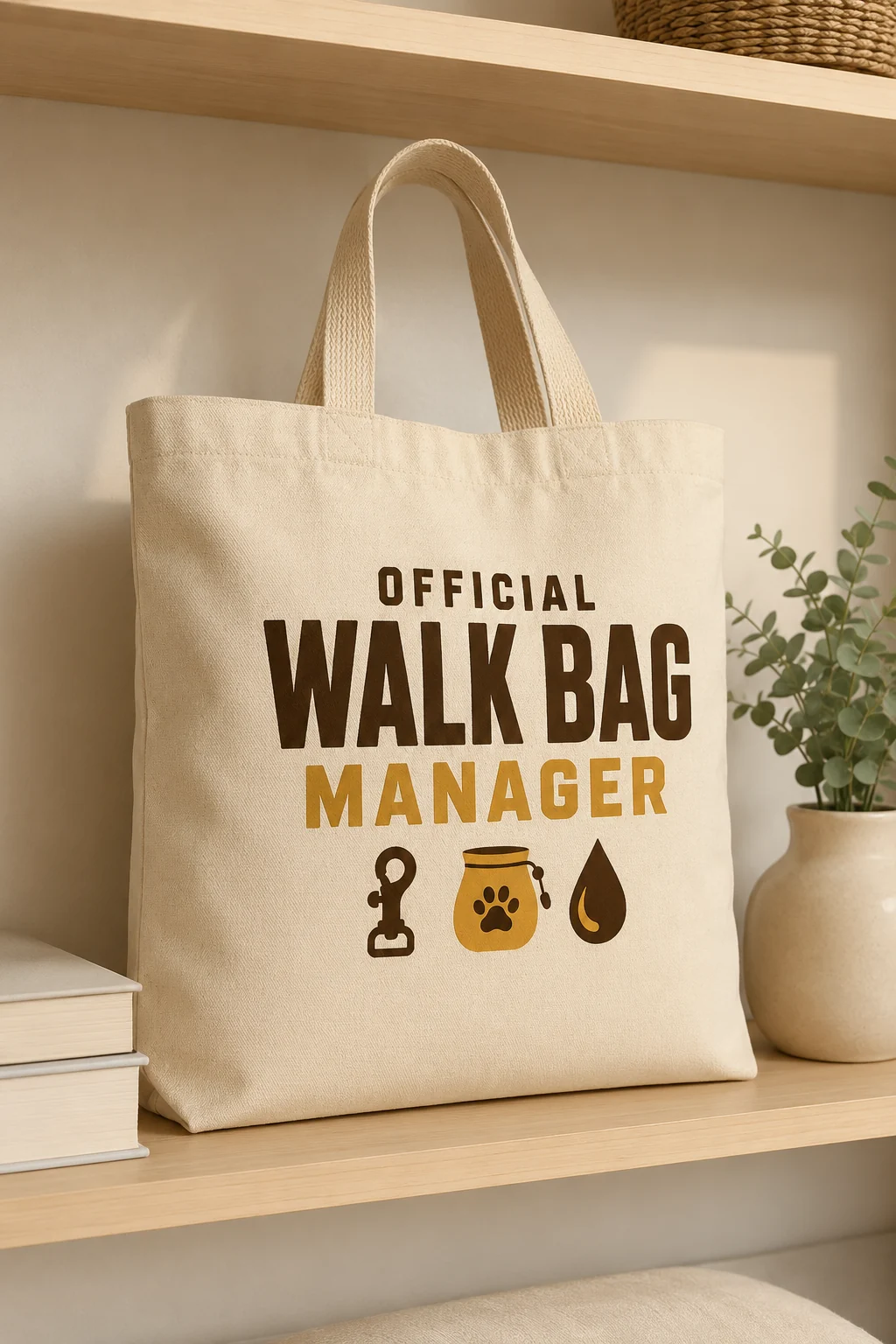 Tote bag featuring the Official Walk Bag Manager design displayed in a minimal shelf vignette beside a small stack of untitled books