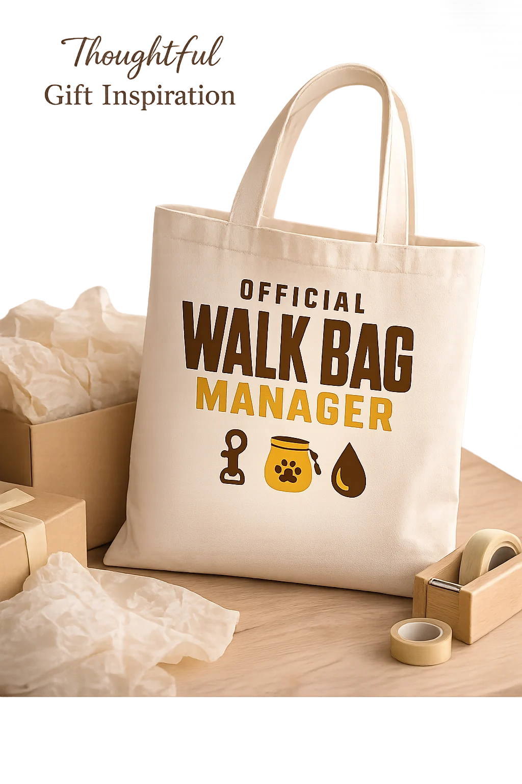 Official Walk Bag Manager tote arranged in a tabletop gift scene with a plain box, tissue, and a neutral tape dispenser