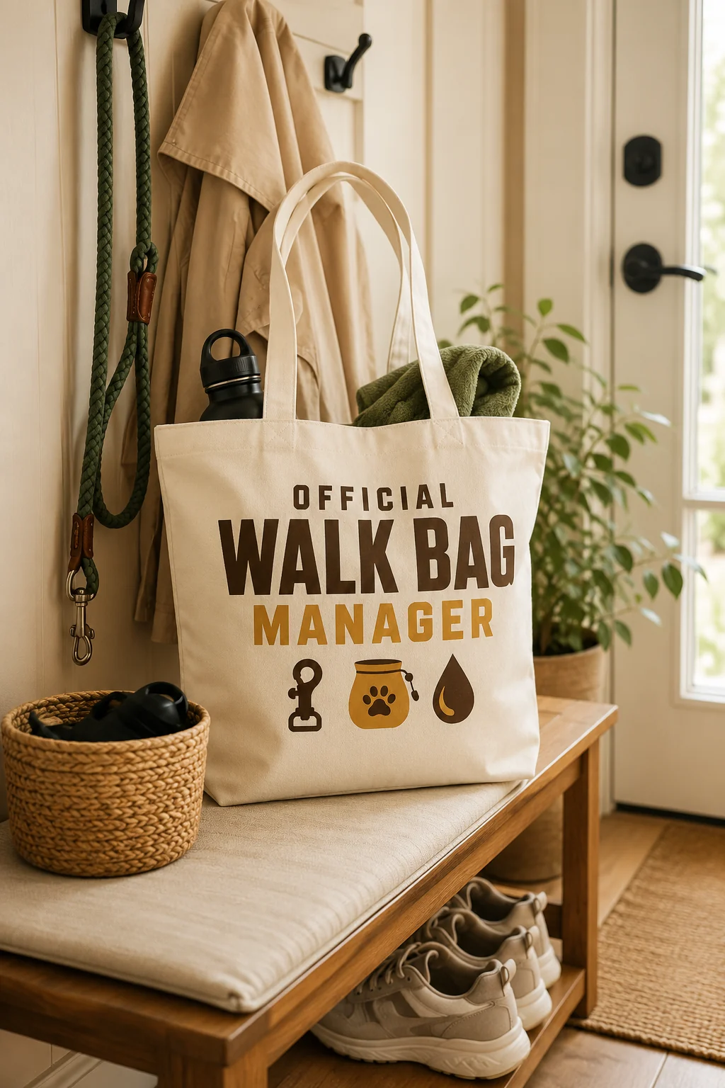 Printed dog mom tote on a bright entryway bench with a leash on a hook, neutral shoes, and a small basket nearby