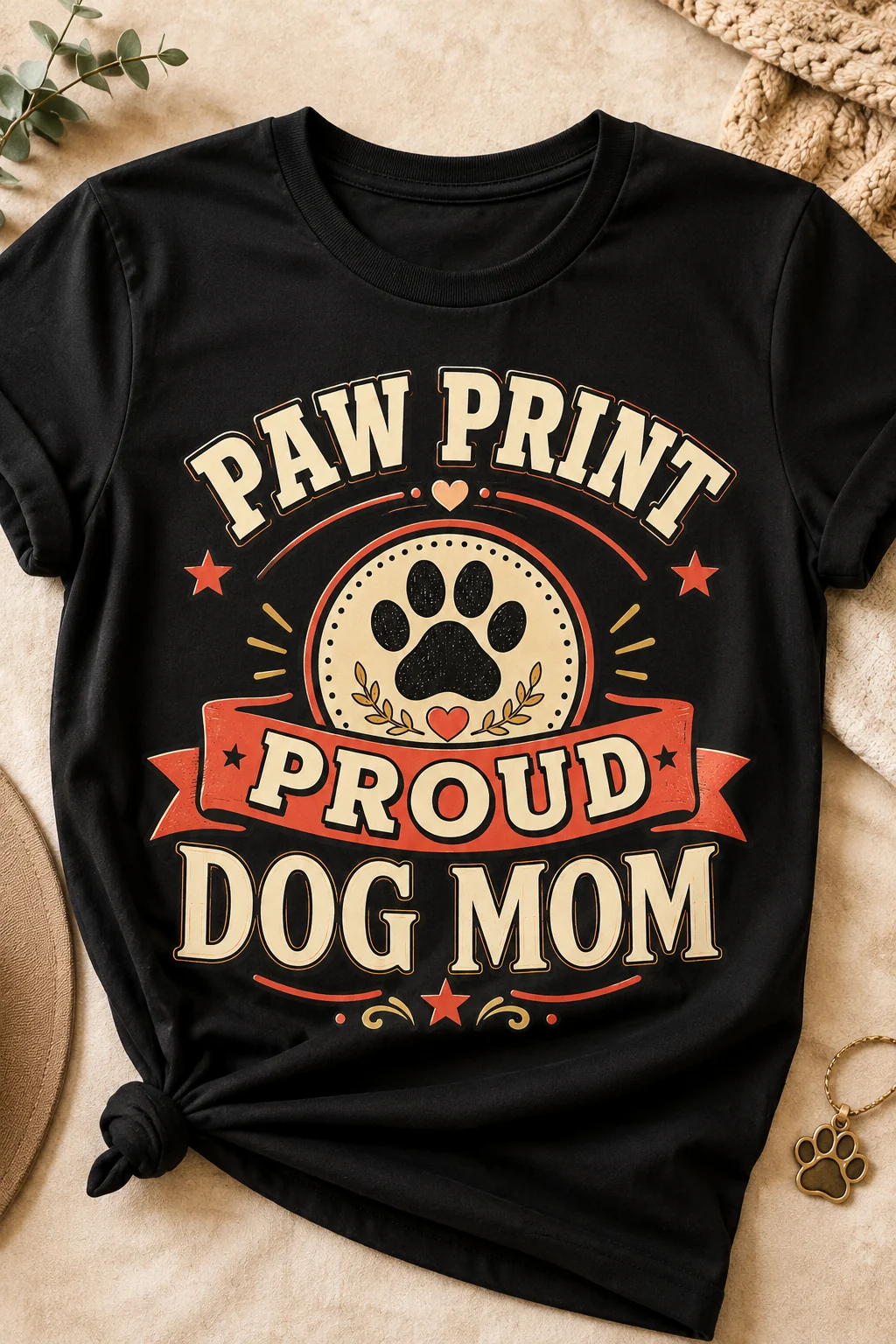 Black Paw Print Proud Dog Mom T-shirt arranged on a beige textured surface with eucalyptus, a knit blanket, a brown hat, and a small gold paw pendant