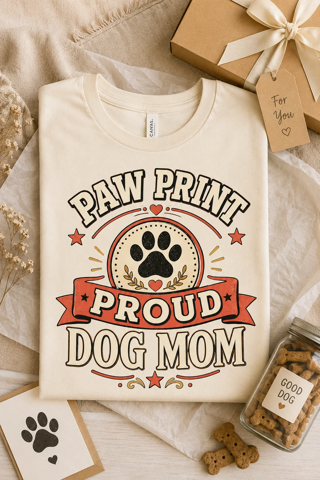 Cream Paw Print Proud Dog Mom T-shirt folded in tissue paper beside a ribboned gift box, dog treats, dried flowers, and a paw-print card