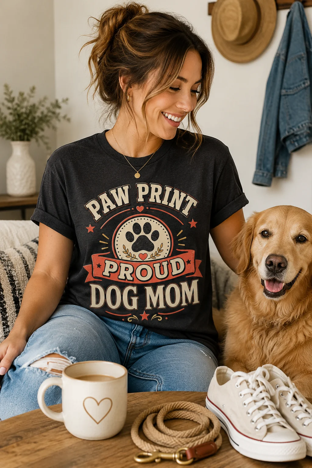 Woman wearing a black Paw Print Proud Dog Mom T-shirt while sitting beside a golden retriever with a mug, leash, and white sneakers nearby