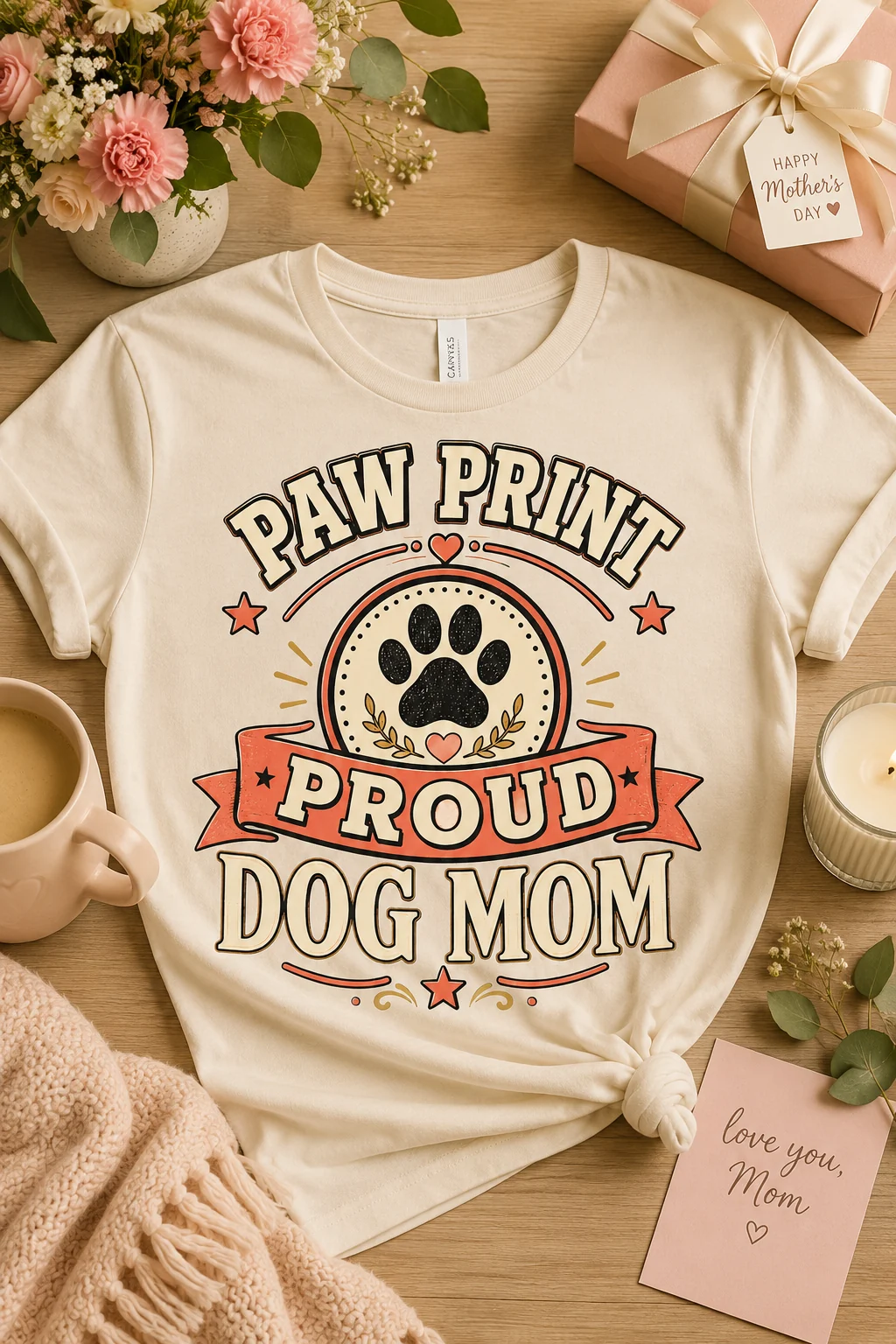 Cream Paw Print Proud Dog Mom T-shirt displayed with pink flowers, a Mother's Day gift box, a mug, candle, blanket, and greeting card