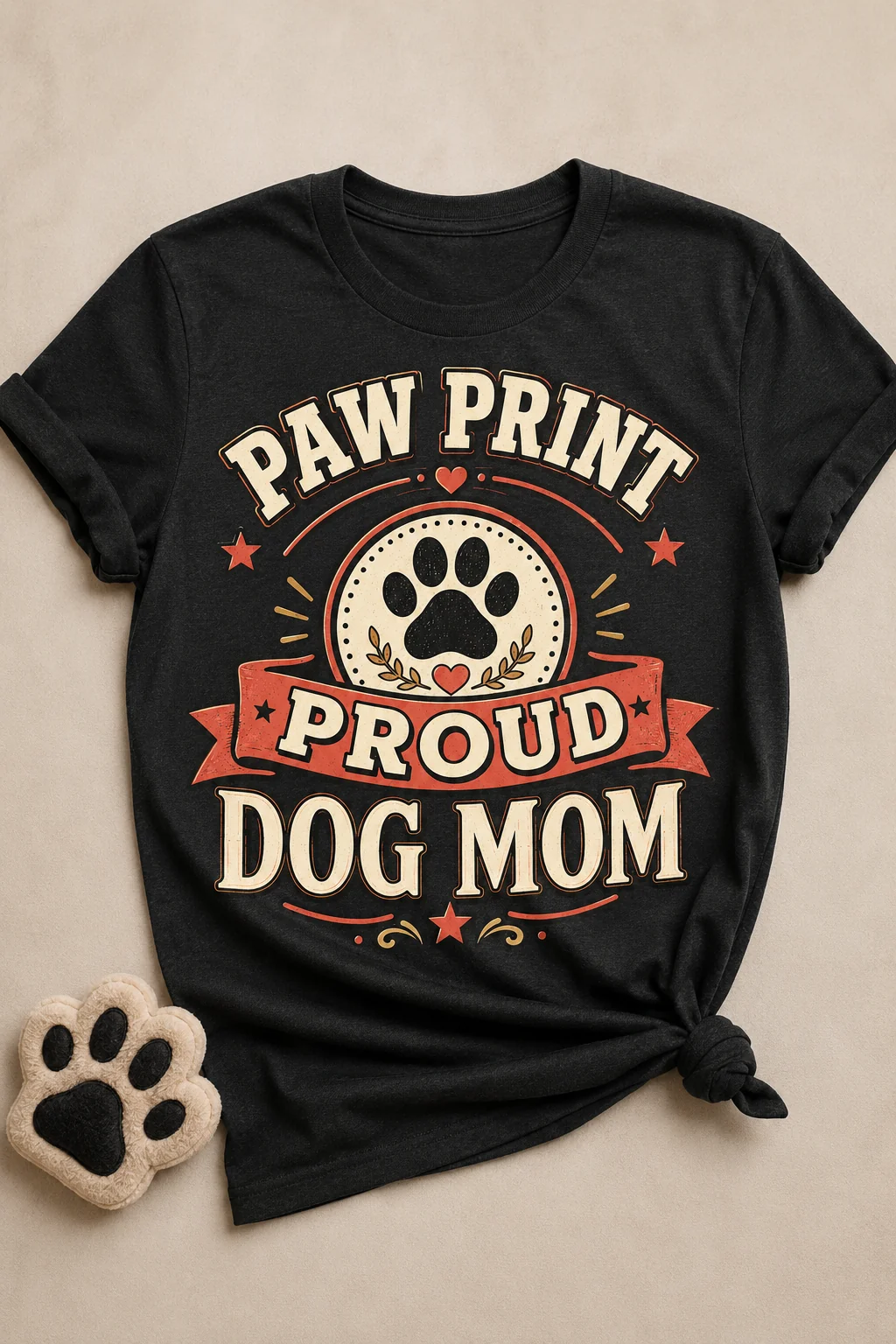 Black Paw Print Proud Dog Mom T-shirt on a plain beige background with rolled sleeves, a knotted hem, and a plush paw-shaped prop