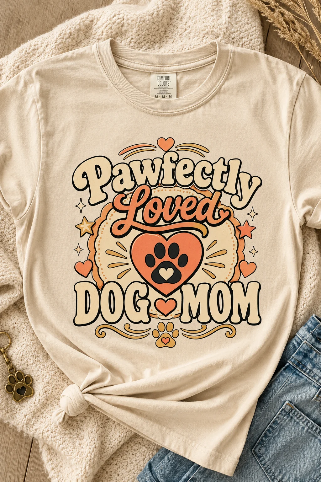 Close-up of a Pawfectly Loved Dog Mom t-shirt arranged on a warm neutral surface with folded fabric and a small paw charm
