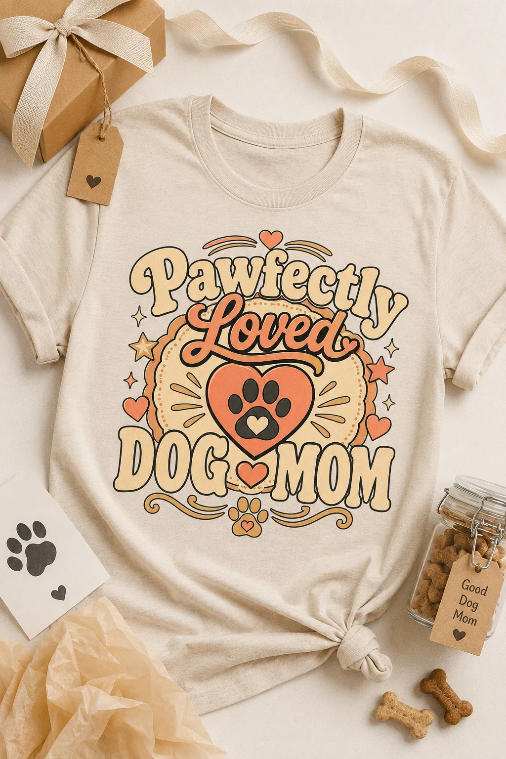 Pawfectly Loved Dog Mom t-shirt in a gift flat lay with a kraft box, ribbon, tissue paper, dog treat jar, and paw-print card