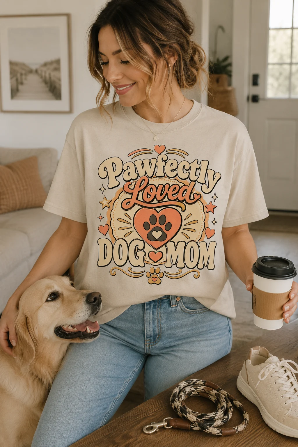 Pawfectly Loved Dog Mom t-shirt styled with denim, neutral sneakers, a coffee cup, and a coiled dog leash