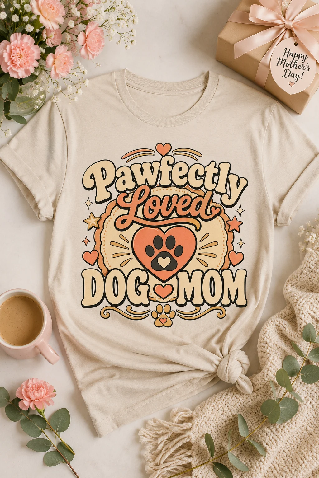 Pawfectly Loved Dog Mom t-shirt in a seasonal gift scene with greenery, a cozy blanket, wrapping details, and a warm mug