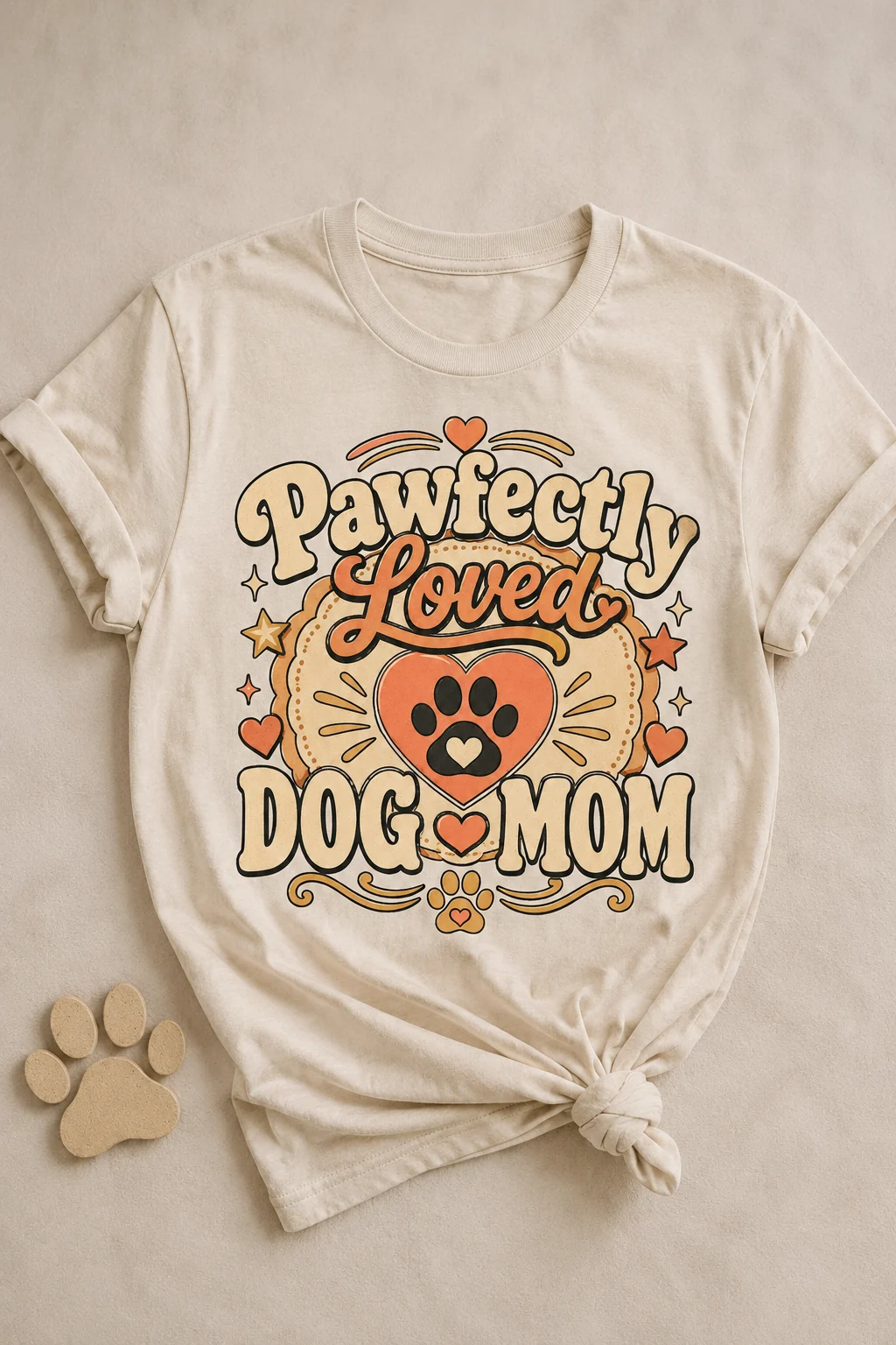 Pawfectly Loved Dog Mom t-shirt against a plain neutral background with soft fabric texture and a subtle paw-print prop