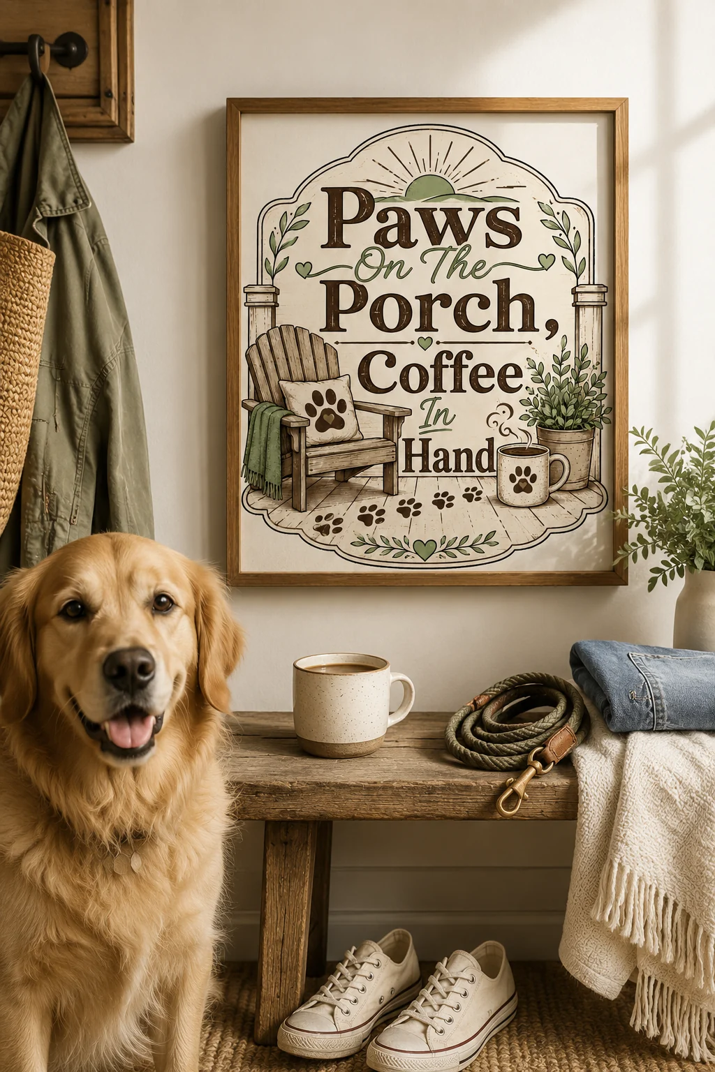 Front-facing close-up of Paws On The Porch, Coffee In Hand wall art on a warm neutral surface with a small paw accent