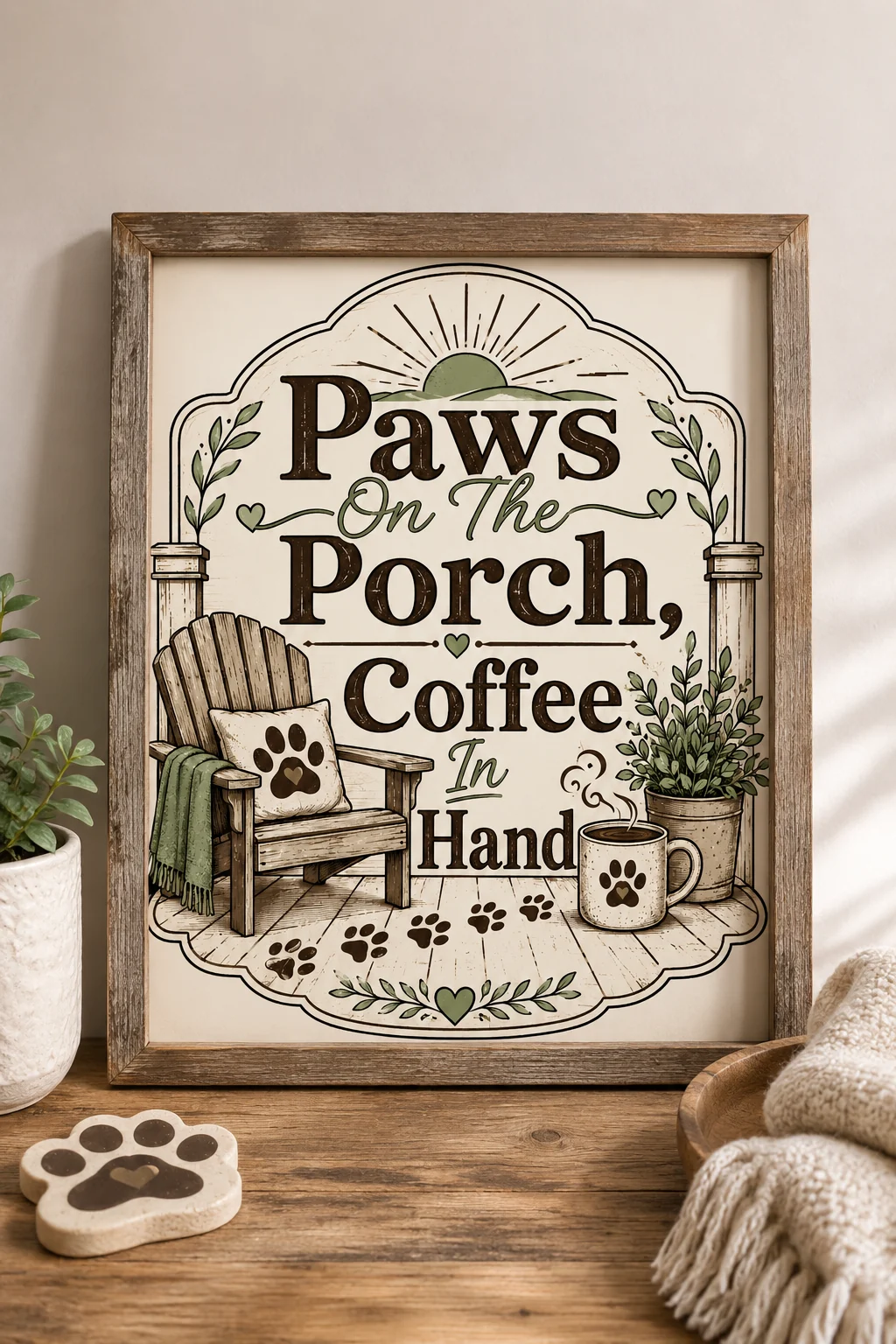 Paws On The Porch, Coffee In Hand wall art arranged in a gift flat lay with kraft wrapping, ribbon, a paw-print card, and a dog treat jar